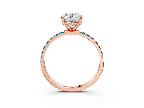 Rose gold Oval Cut Diamond Solitaire Engagement Ring with Round with Blue Topaz side stone Pavé Band and Prong Setting_3