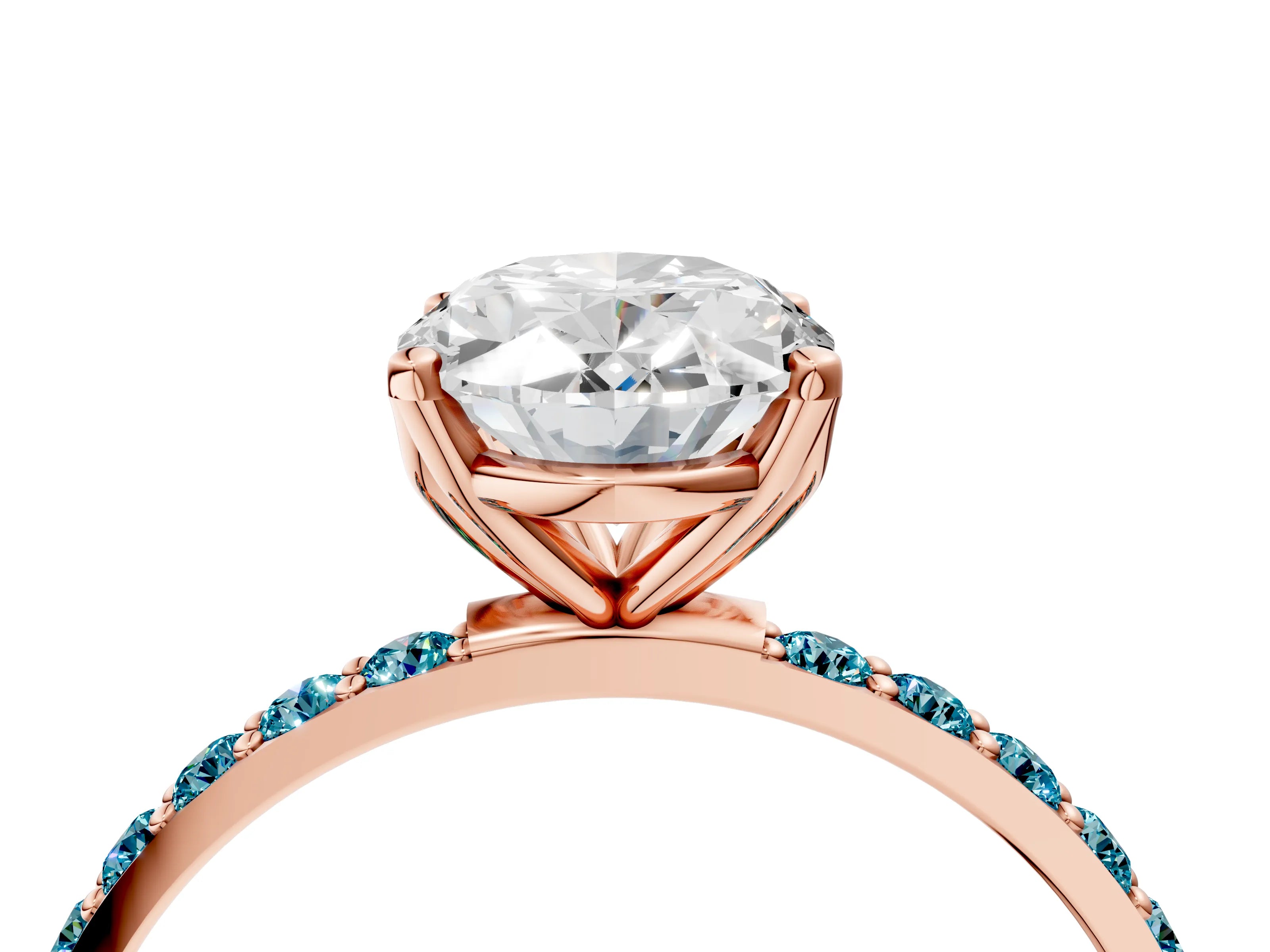 Rose gold Oval Cut Diamond Solitaire Engagement Ring with Round with Blue Topaz side stone Pavé Band and Prong Setting_4