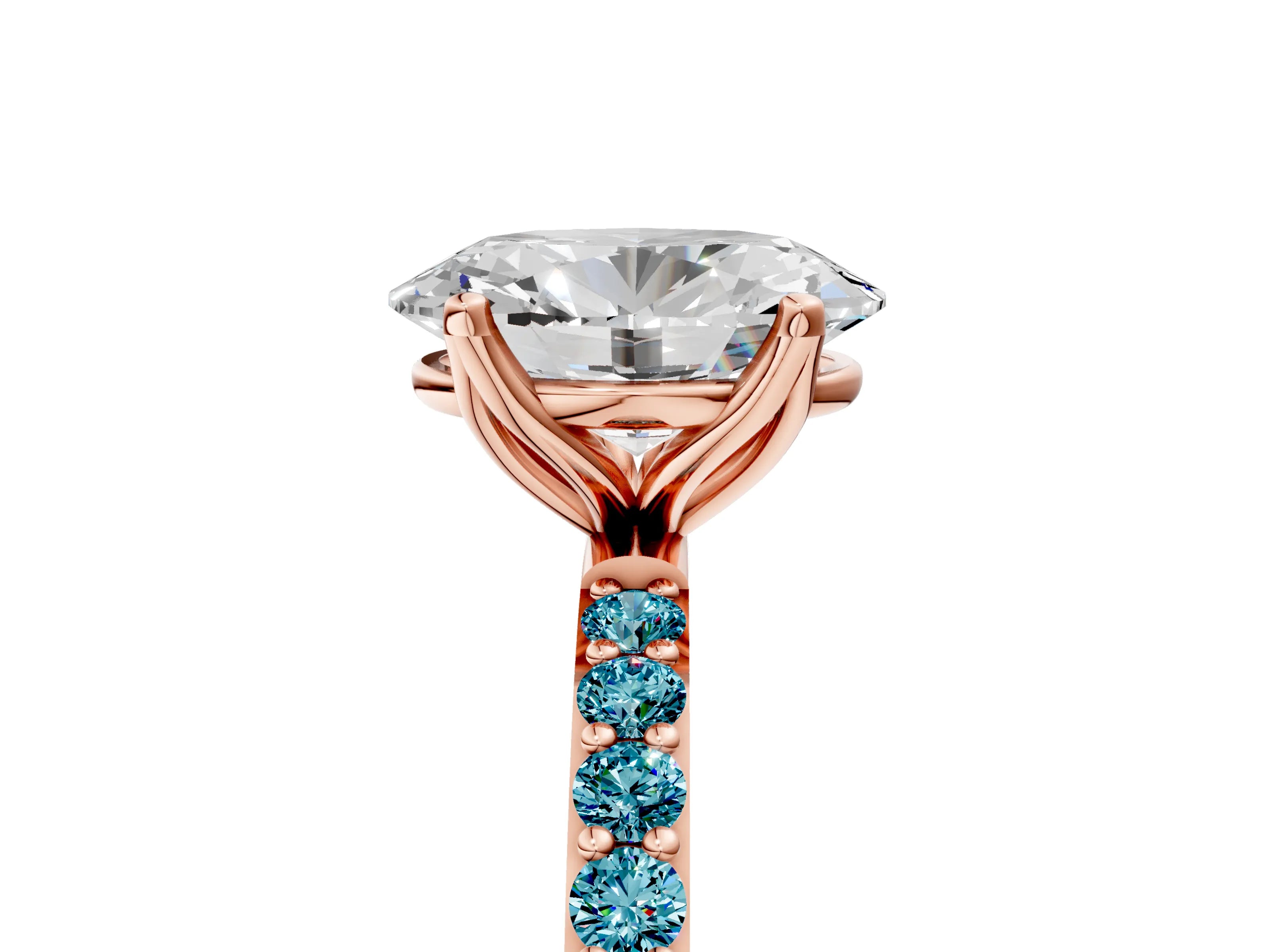 Rose gold Oval Cut Diamond Solitaire Engagement Ring with Round with Blue Topaz side stone Pavé Band and Prong Setting_5