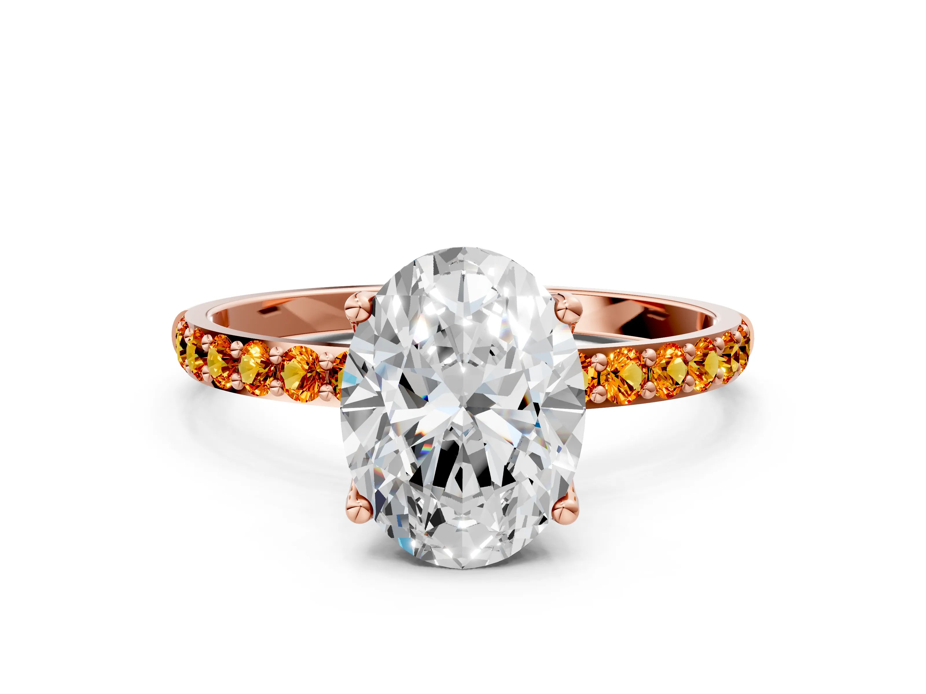 Rose gold Oval Cut Diamond Solitaire Engagement Ring with Round with Citrine side stone Pavé Band and Prong Setting