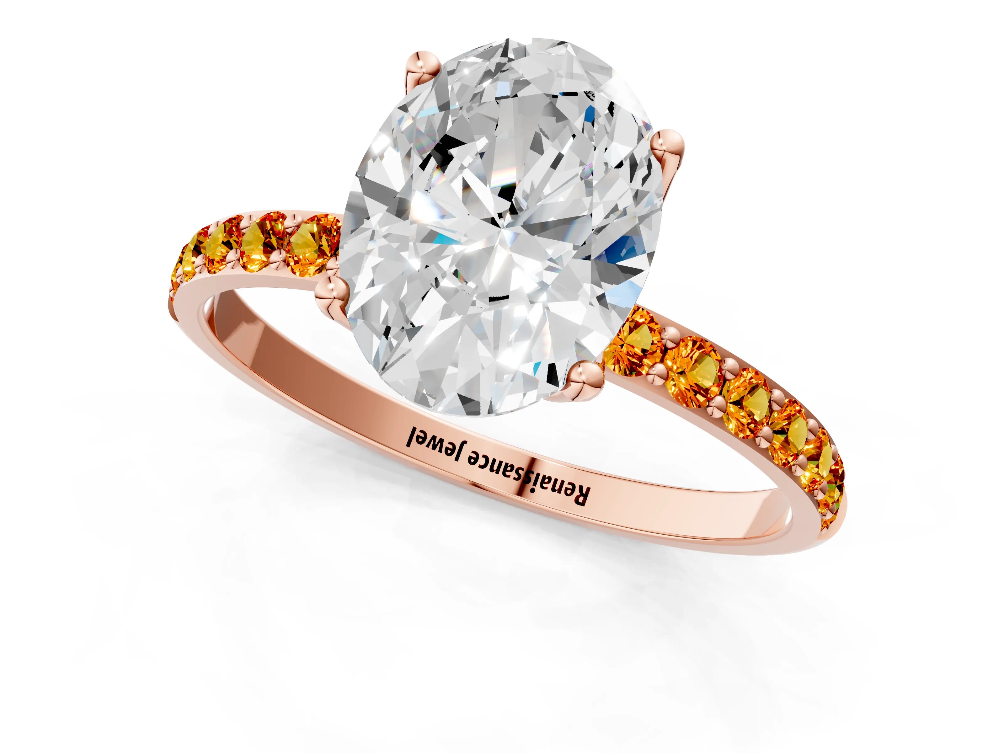 Rose gold Oval Cut Diamond Solitaire Engagement Ring with Round with Citrine side stone Pavé Band and Prong Setting_1