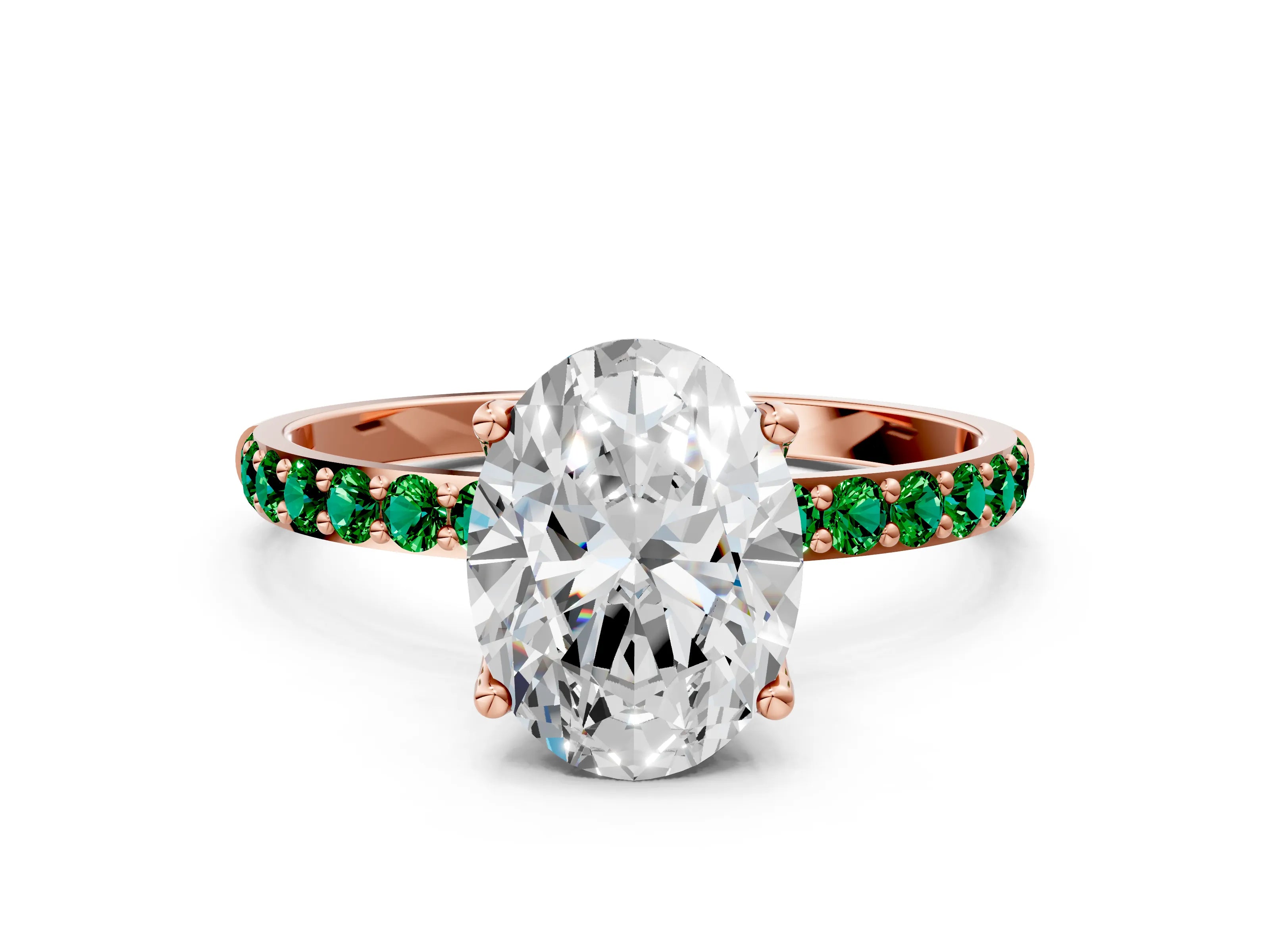 Rose gold Oval Cut Diamond Solitaire Engagement Ring with Round with Emerald side stone Pavé Band and Prong Setting