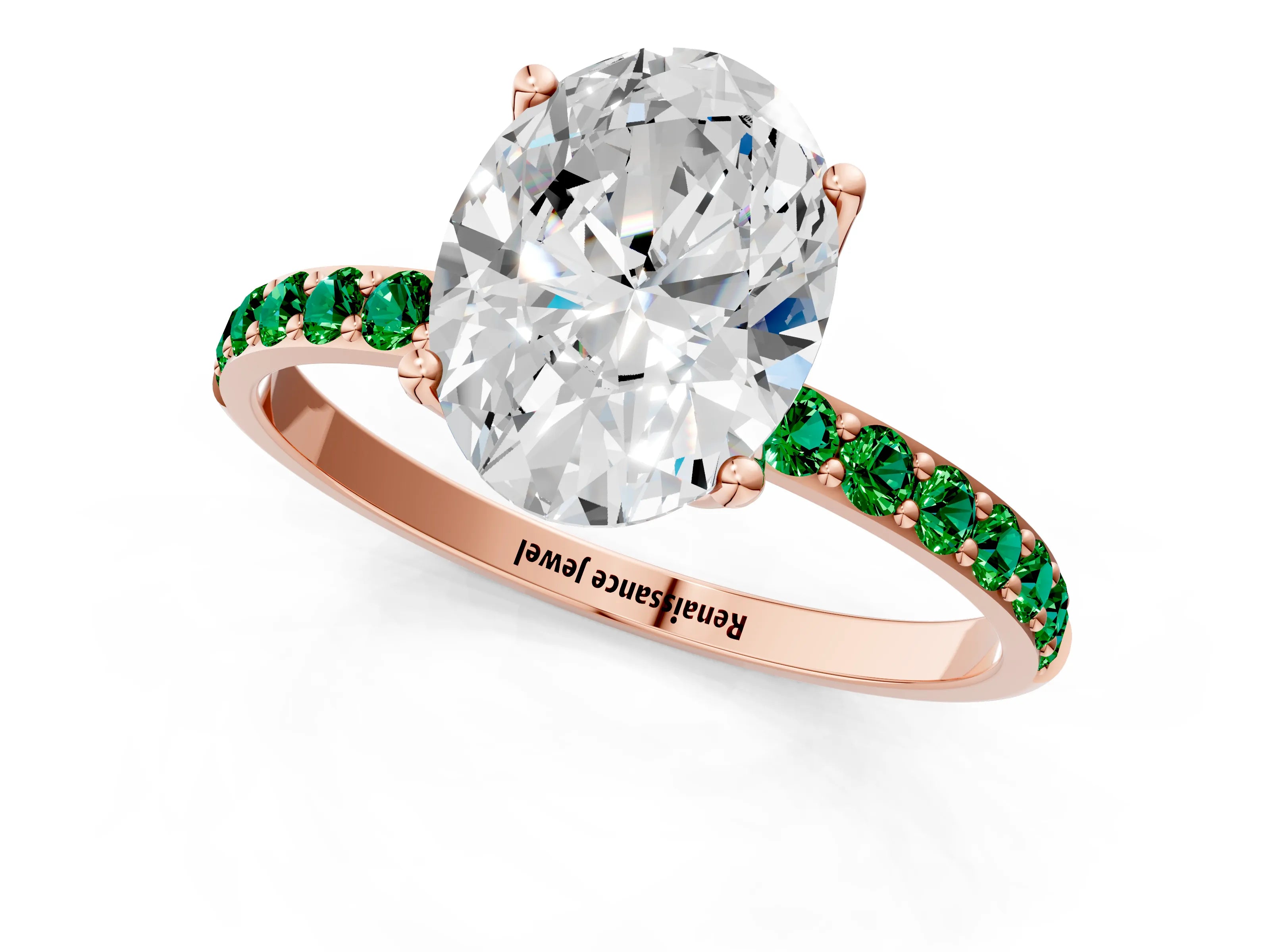 Rose gold Oval Cut Diamond Solitaire Engagement Ring with Round with Emerald side stone Pavé Band and Prong Setting_1