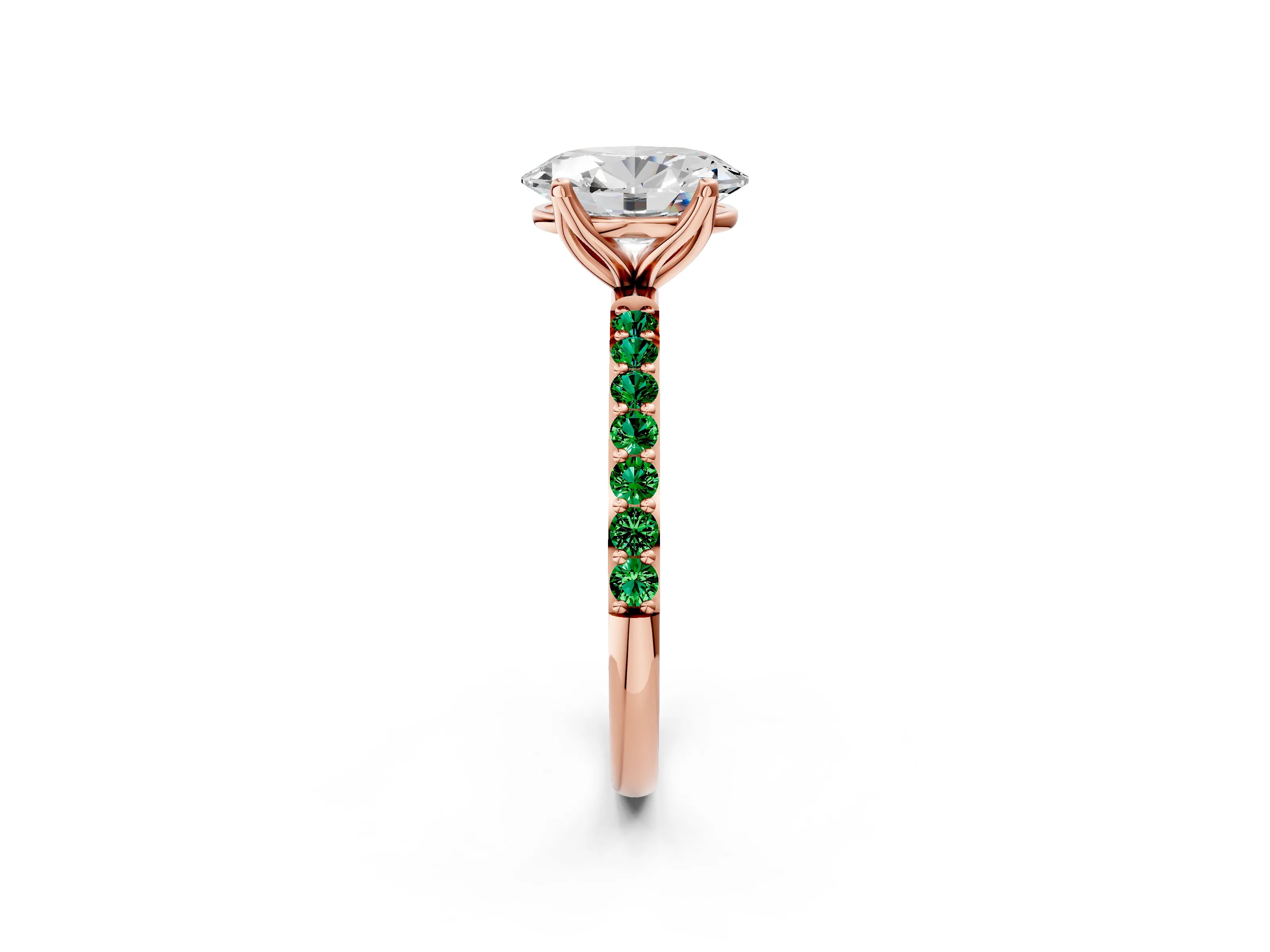 Rose gold Oval Cut Diamond Solitaire Engagement Ring with Round with Emerald side stone Pavé Band and Prong Setting_2