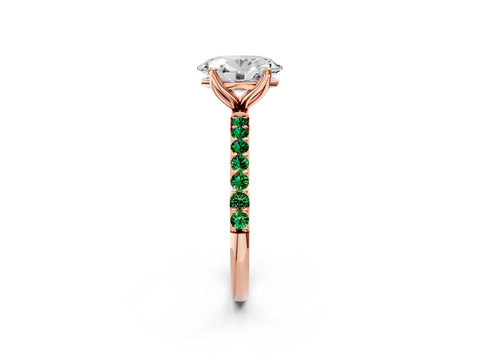 Rose gold Oval Cut Diamond Solitaire Engagement Ring with Round with Emerald side stone Pavé Band and Prong Setting_2