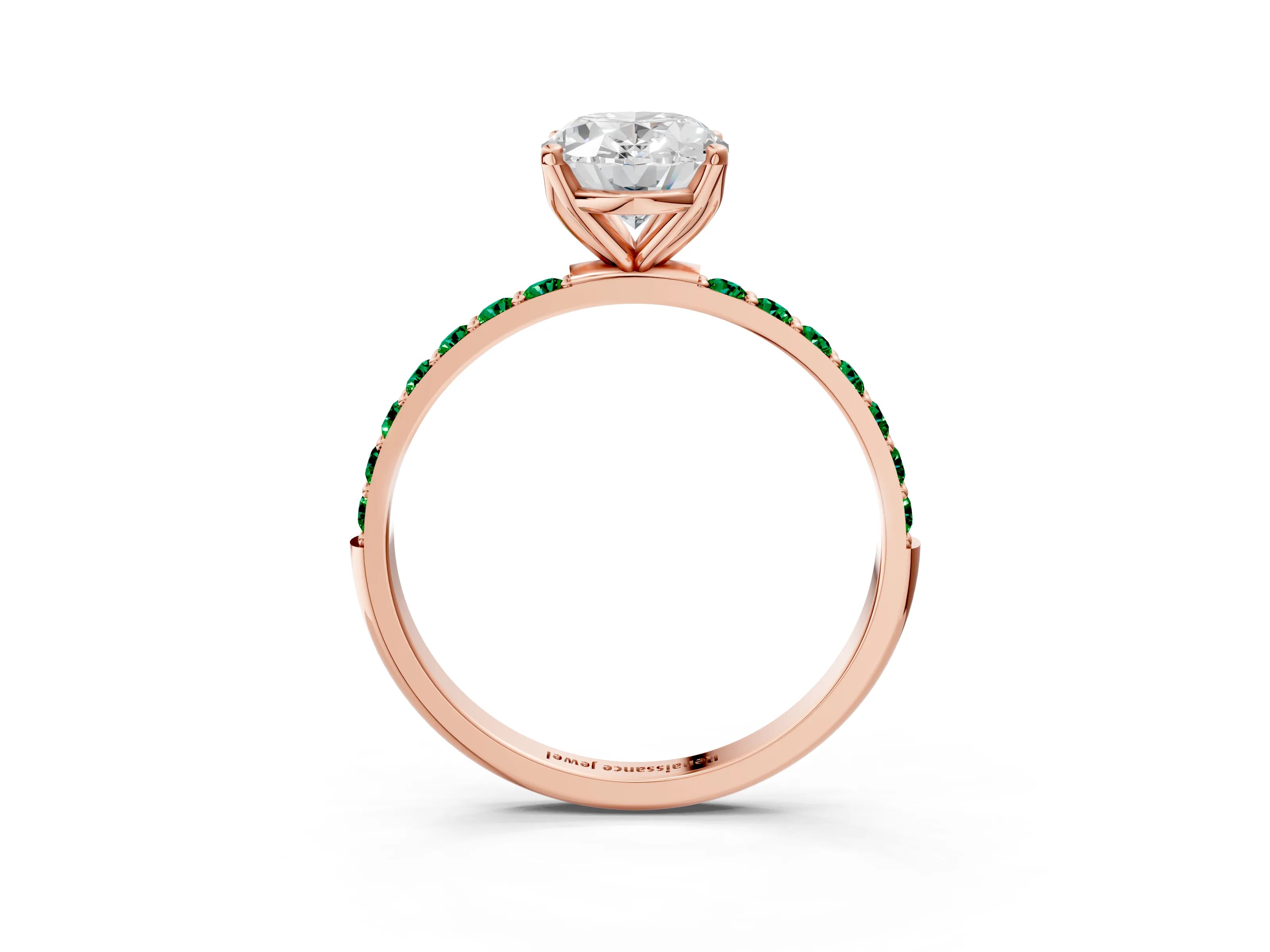 Rose gold Oval Cut Diamond Solitaire Engagement Ring with Round with Emerald side stone Pavé Band and Prong Setting_3
