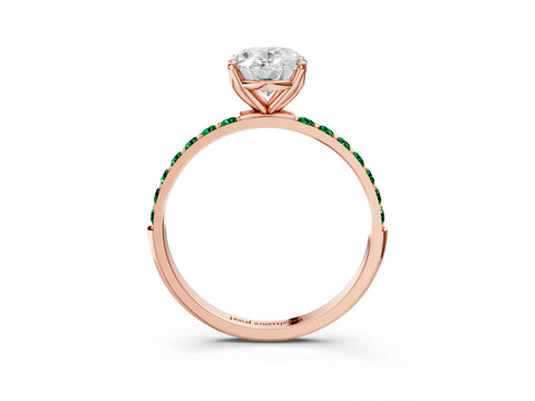 Rose gold Oval Cut Diamond Solitaire Engagement Ring with Round with Emerald side stone Pavé Band and Prong Setting_3