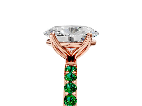 Rose gold Oval Cut Diamond Solitaire Engagement Ring with Round with Emerald side stone Pavé Band and Prong Setting_5