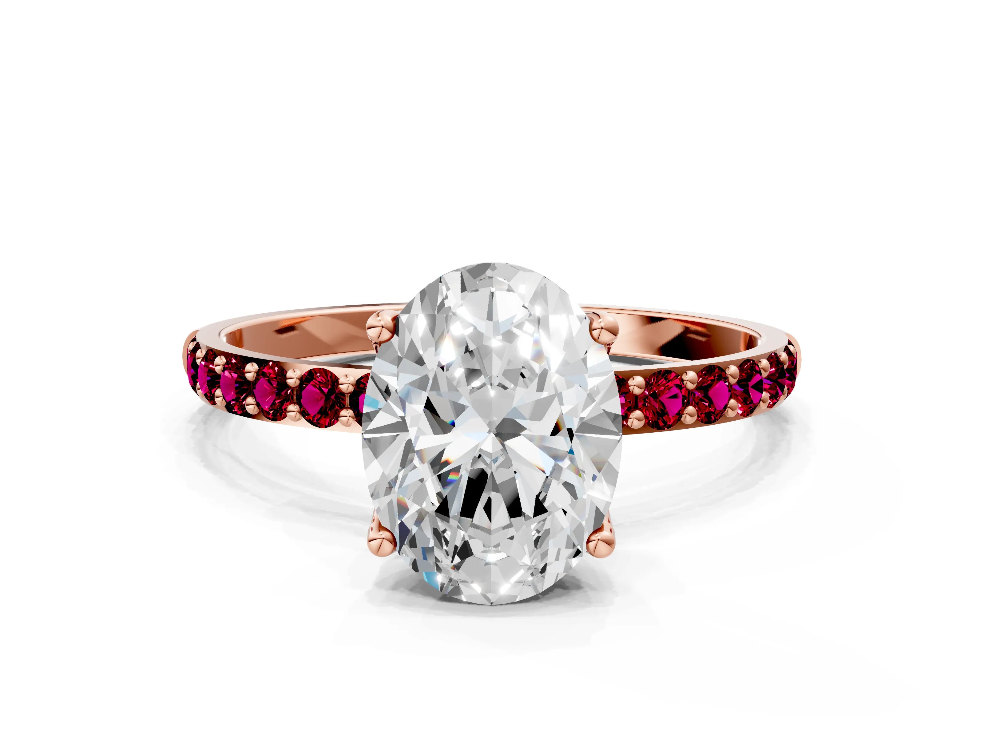Rose gold Oval Cut Diamond Solitaire Engagement Ring with Round with Garnet side stone Pavé Band and Prong Setting