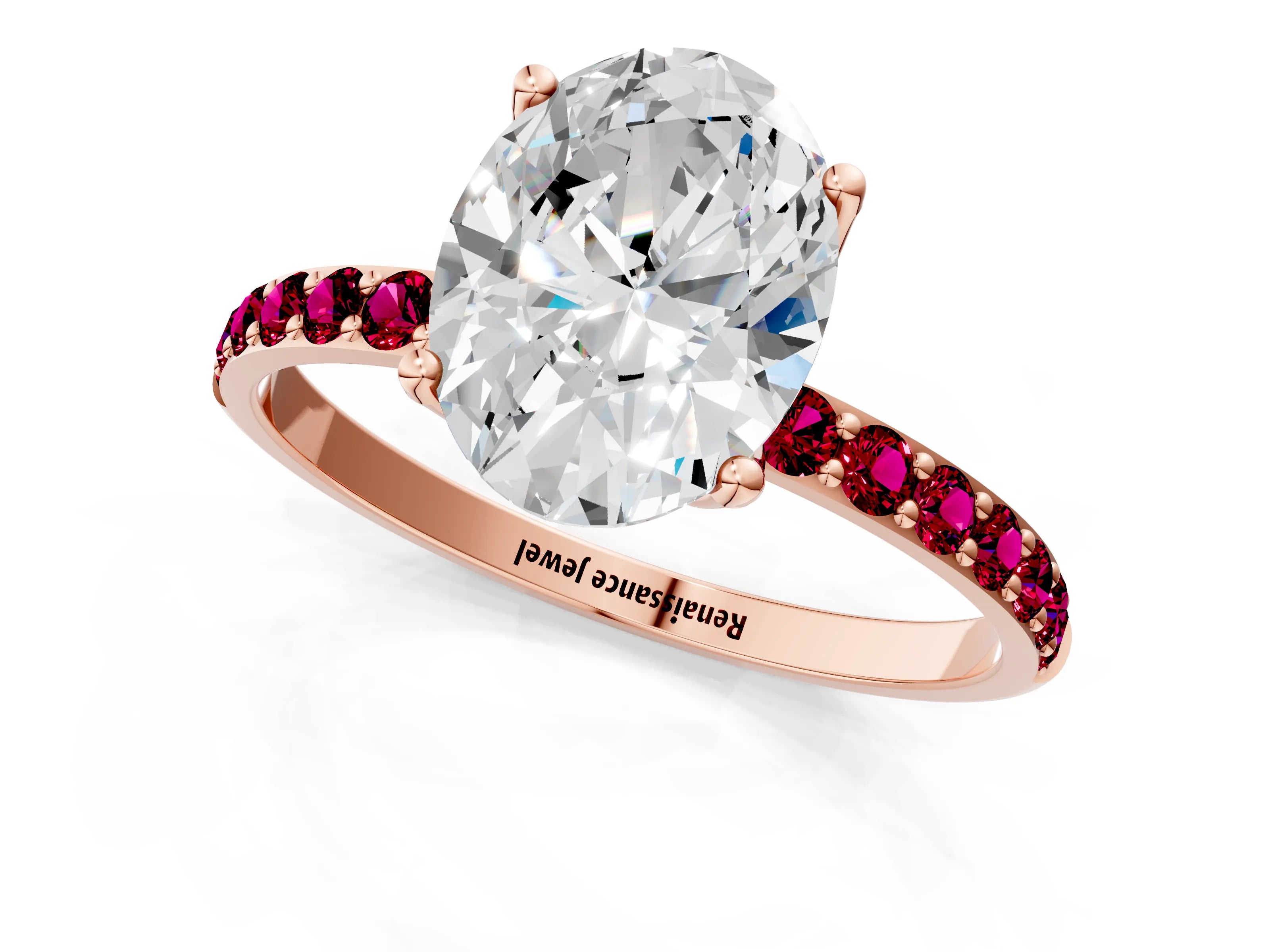 Rose gold Oval Cut Diamond Solitaire Engagement Ring with Round with Garnet side stone Pavé Band and Prong Setting_1