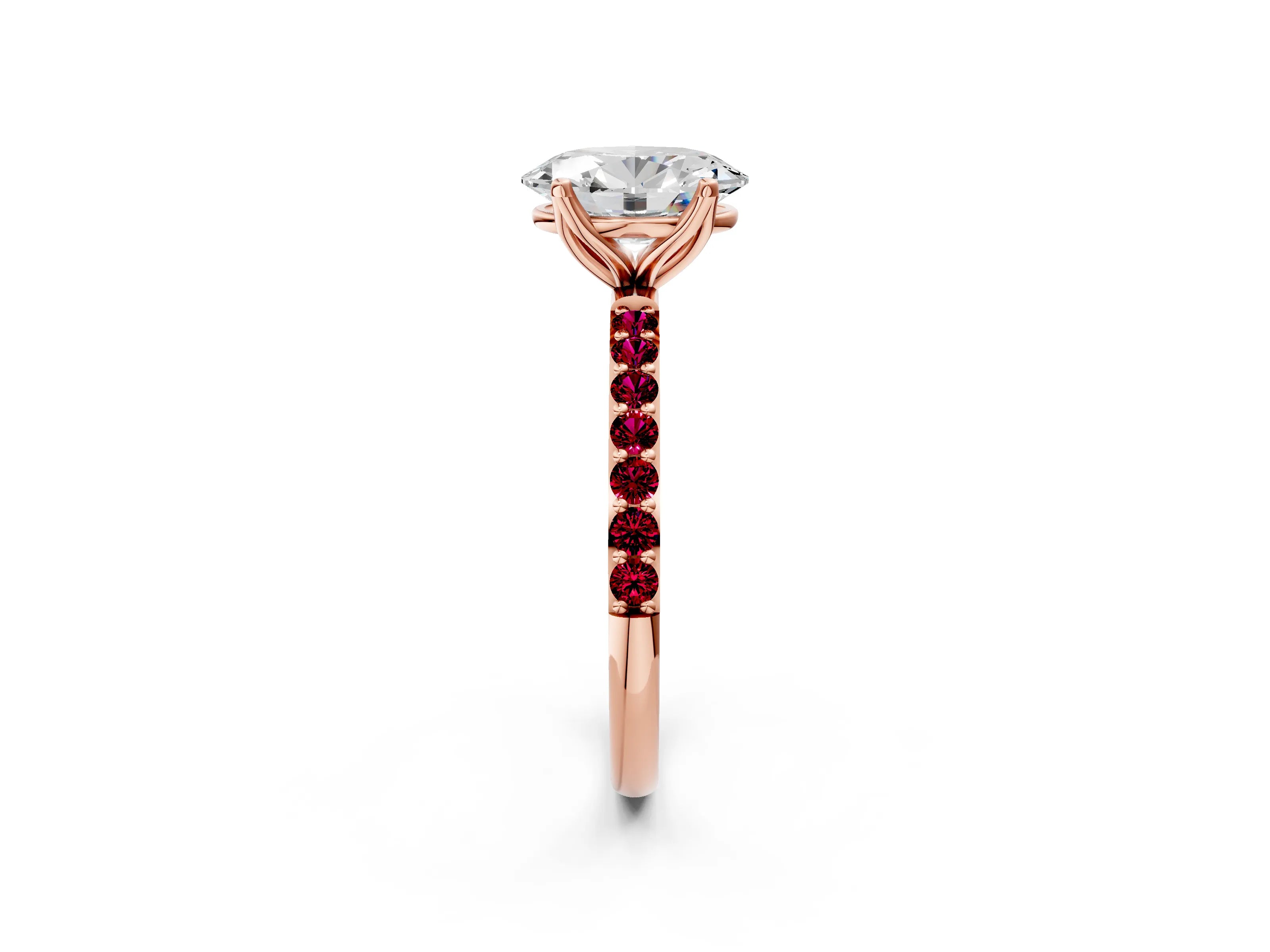 Rose gold Oval Cut Diamond Solitaire Engagement Ring with Round with Garnet side stone Pavé Band and Prong Setting_2