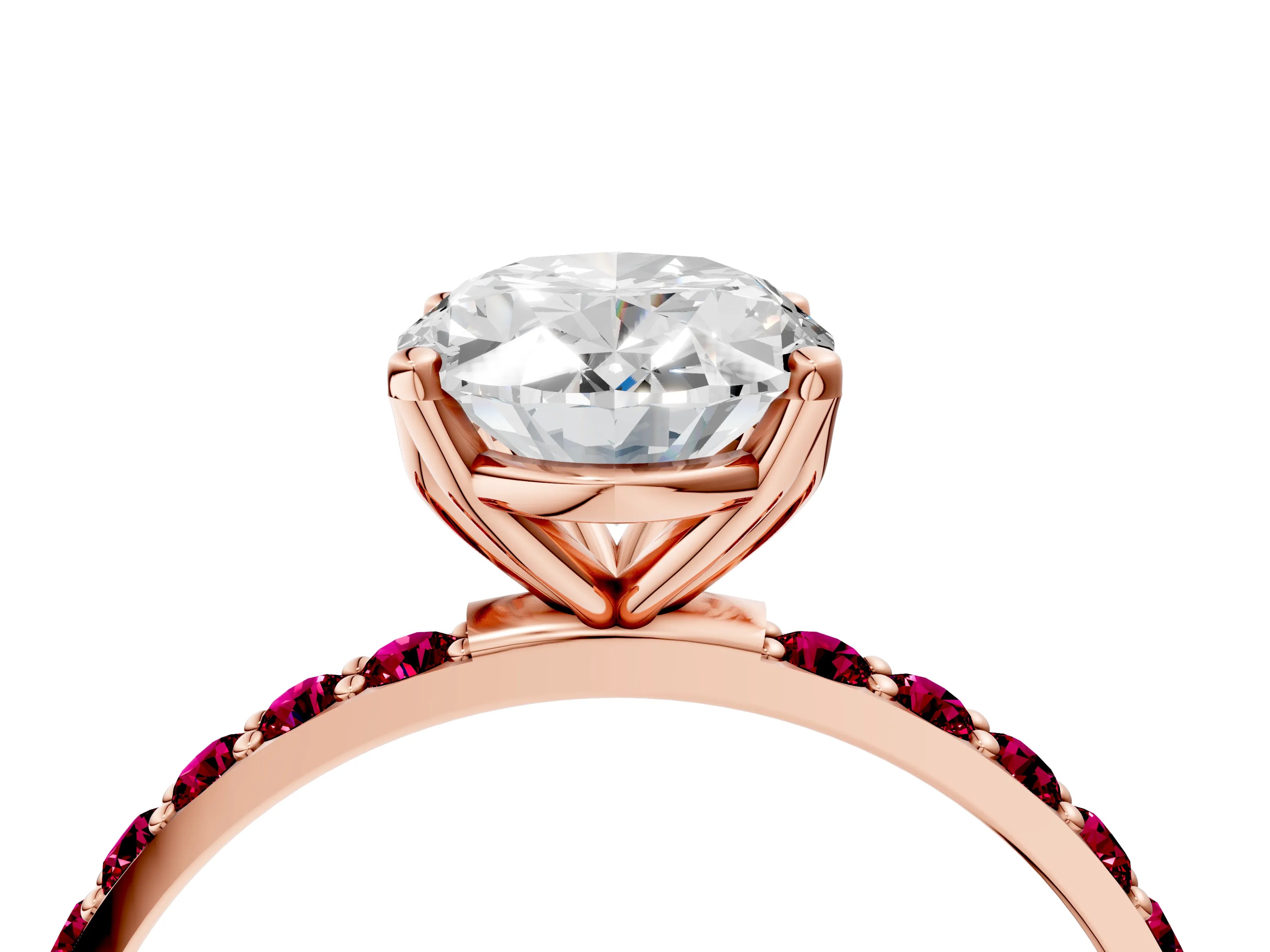 Rose gold Oval Cut Diamond Solitaire Engagement Ring with Round with Garnet side stone Pavé Band and Prong Setting_4