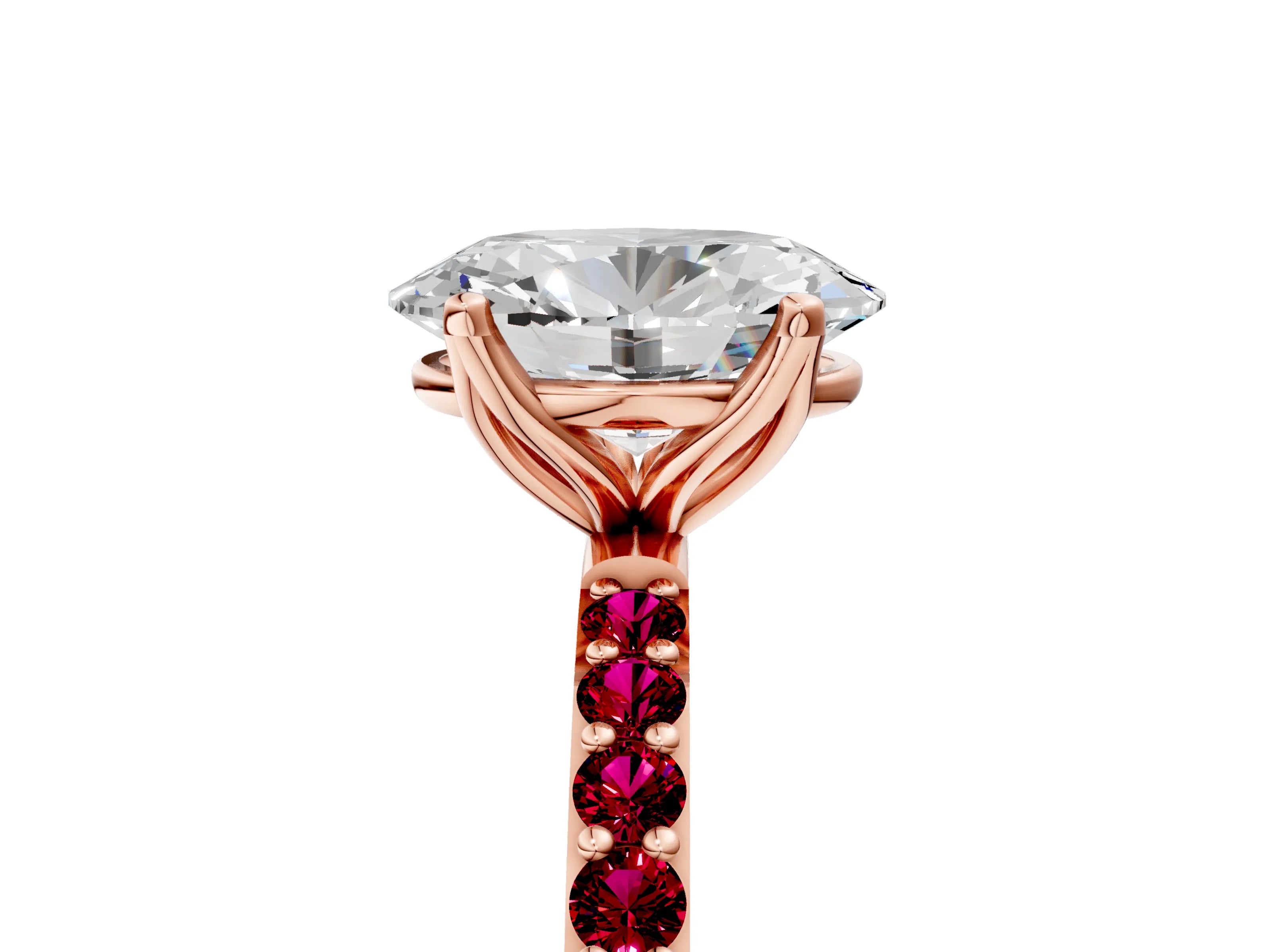 Rose gold Oval Cut Diamond Solitaire Engagement Ring with Round with Garnet side stone Pavé Band and Prong Setting_5