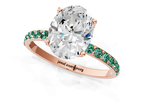 Rose gold Oval Cut Diamond Solitaire Engagement Ring with Round with Green Sapphire side stone Pavé Band and Prong Setting_1