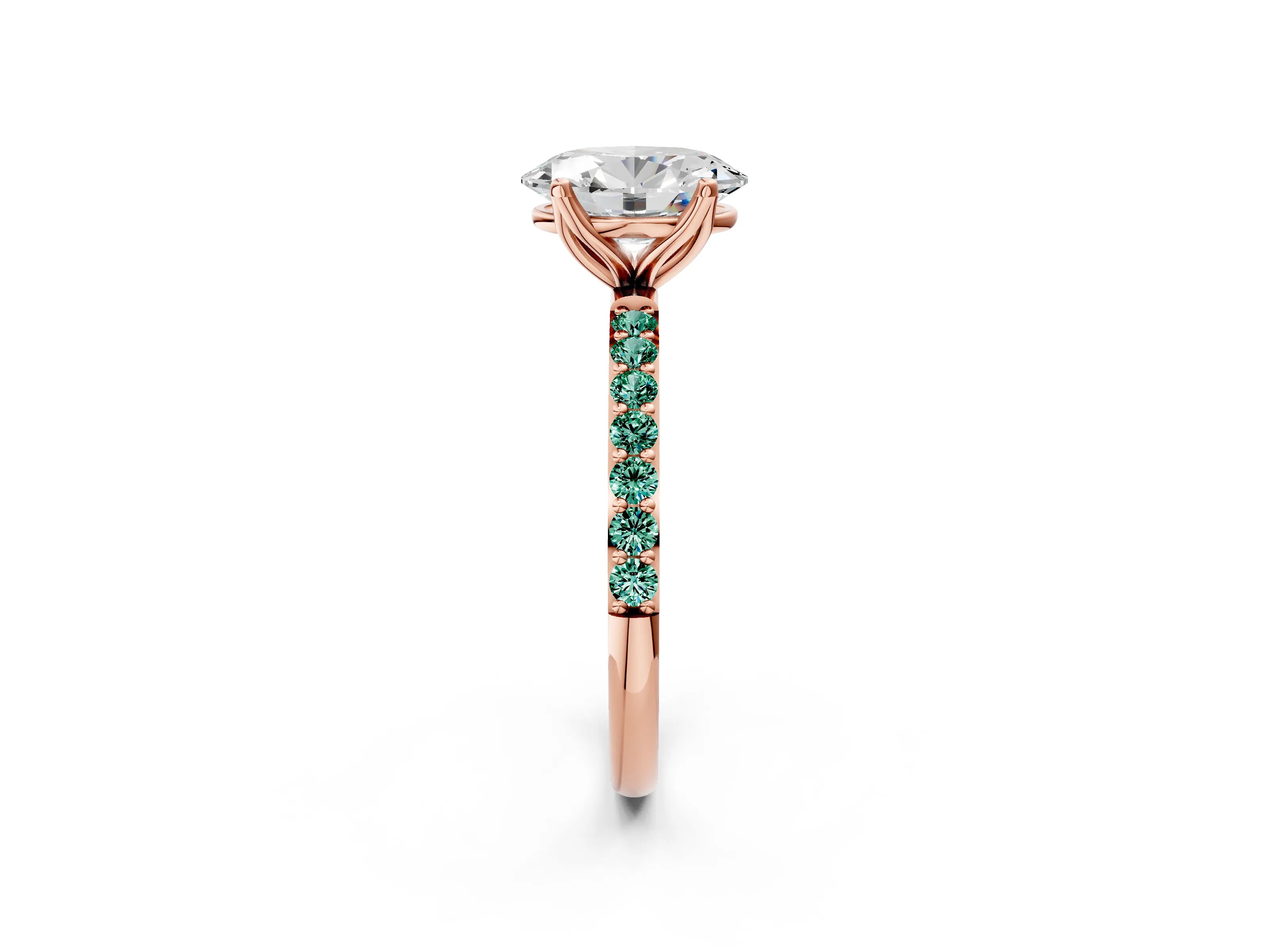 Rose gold Oval Cut Diamond Solitaire Engagement Ring with Round with Green Sapphire side stone Pavé Band and Prong Setting_2