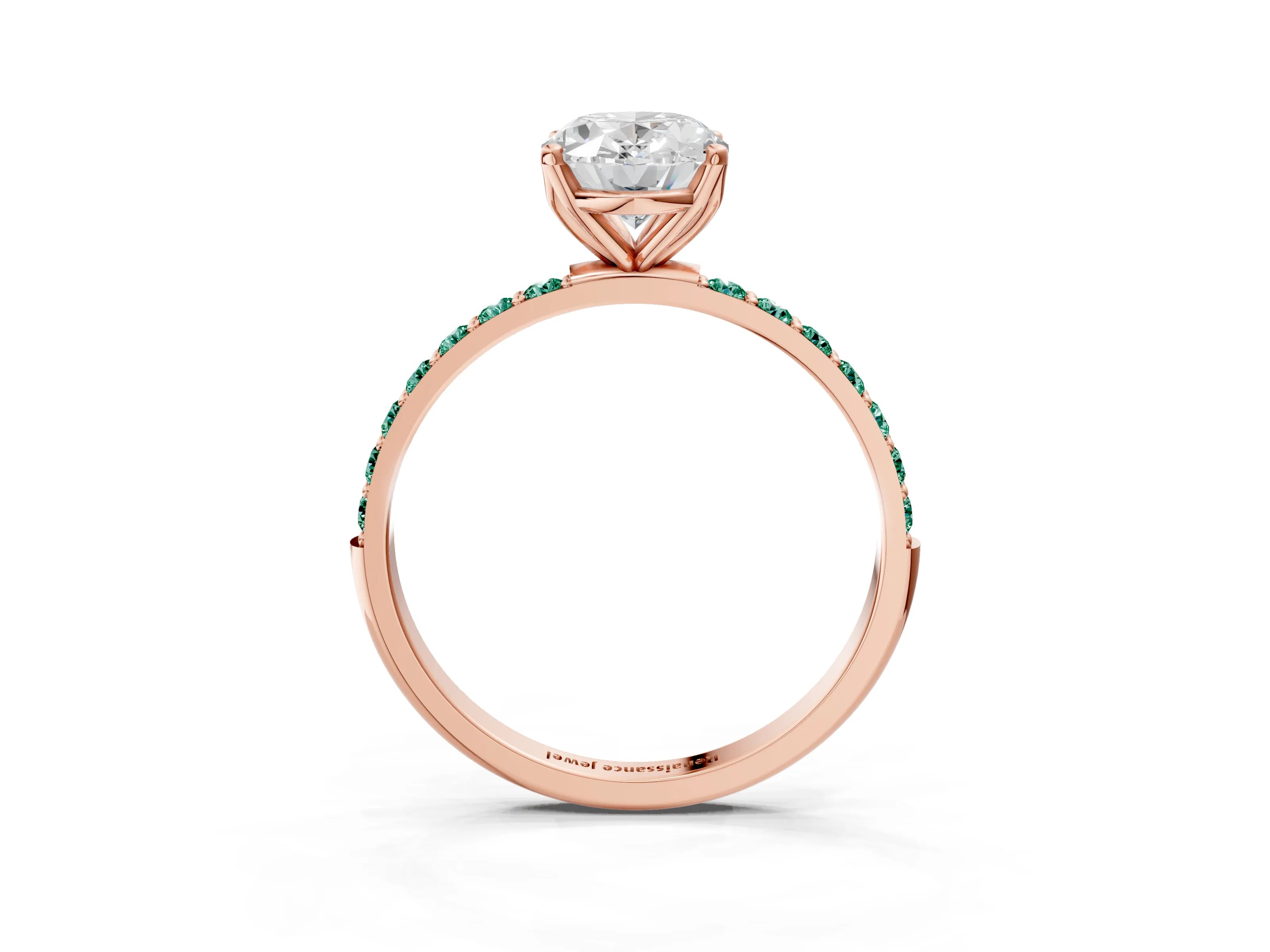 Rose gold Oval Cut Diamond Solitaire Engagement Ring with Round with Green Sapphire side stone Pavé Band and Prong Setting_3
