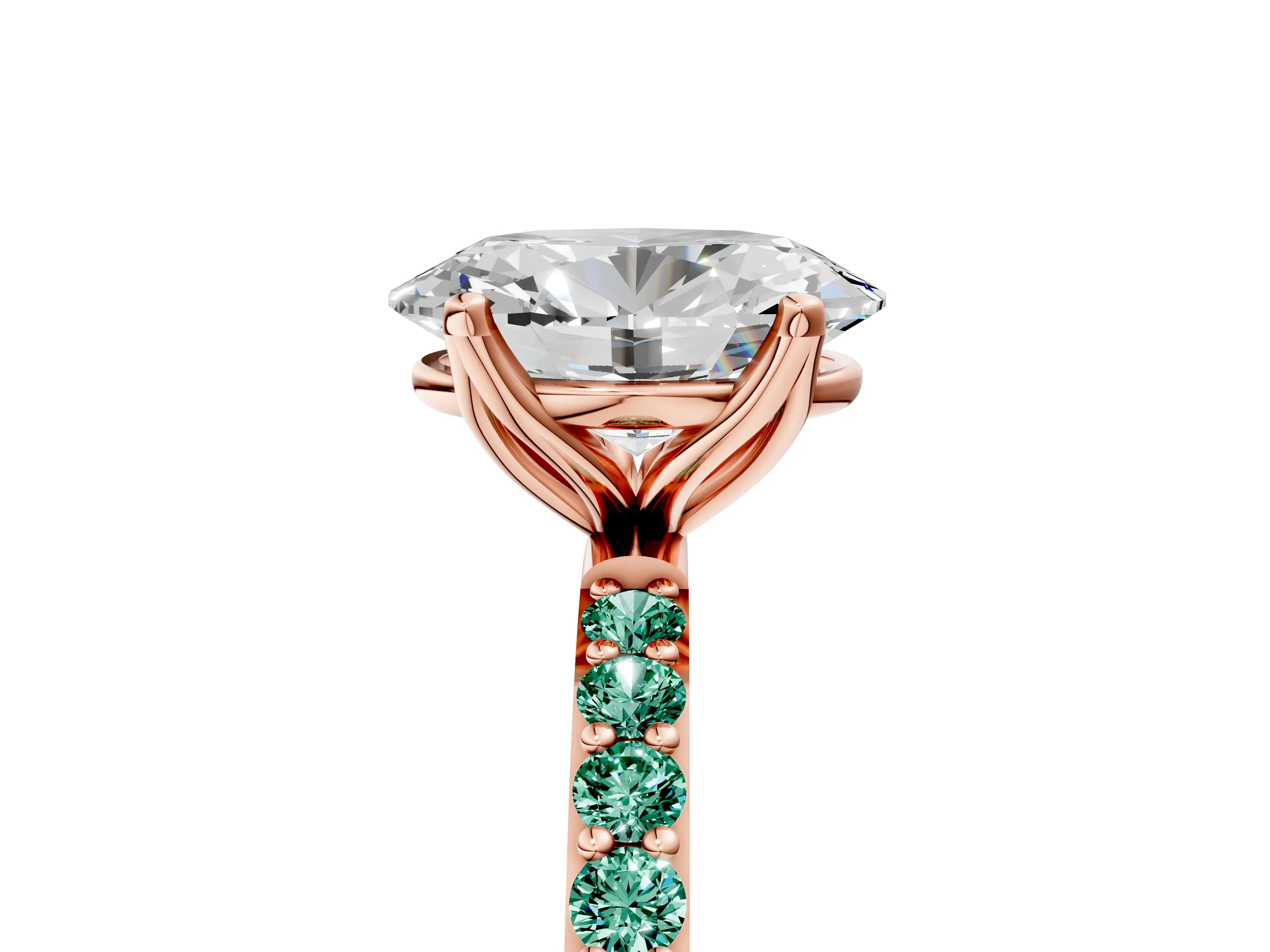 Rose gold Oval Cut Diamond Solitaire Engagement Ring with Round with Green Sapphire side stone Pavé Band and Prong Setting_5