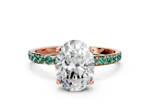 Rose gold Oval Cut Diamond Solitaire Engagement Ring with Round with Green Sapphire side stone Pavé Band and Prong Setting