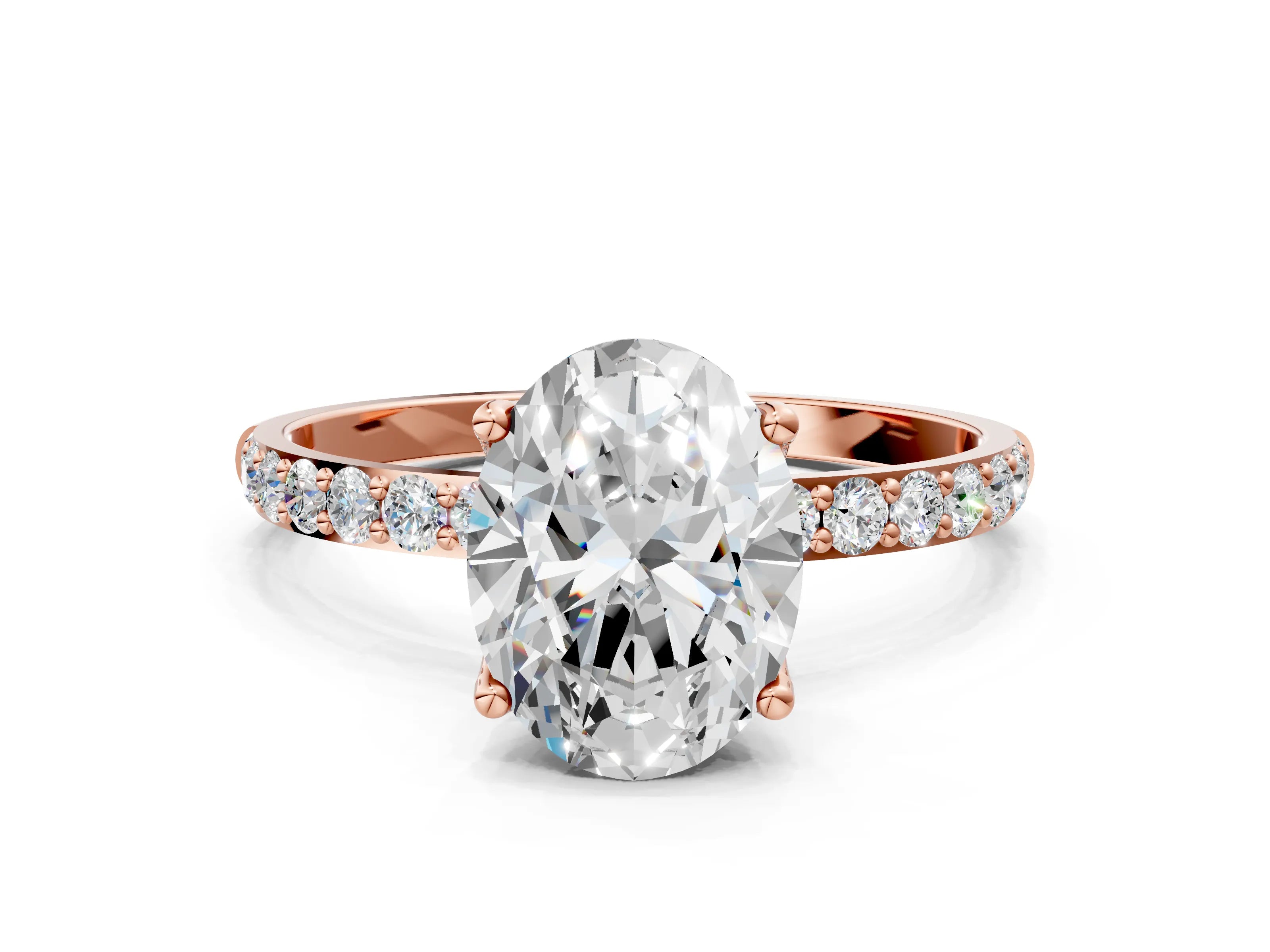 Rose gold Oval Cut Diamond Solitaire Engagement Ring with Round with Moissanite side stone Pavé Band and Prong Setting