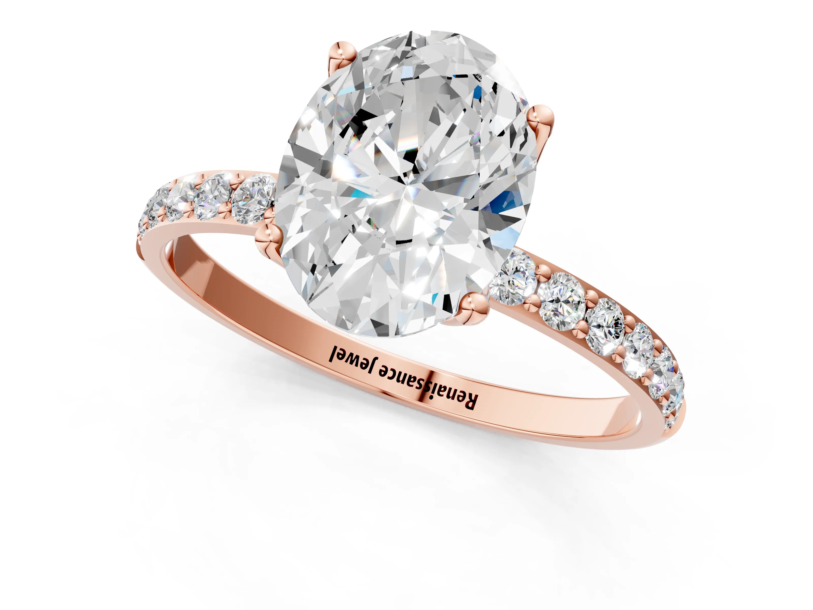Rose gold Oval Cut Diamond Solitaire Engagement Ring with Round with Moissanite side stone Pavé Band and Prong Setting_1