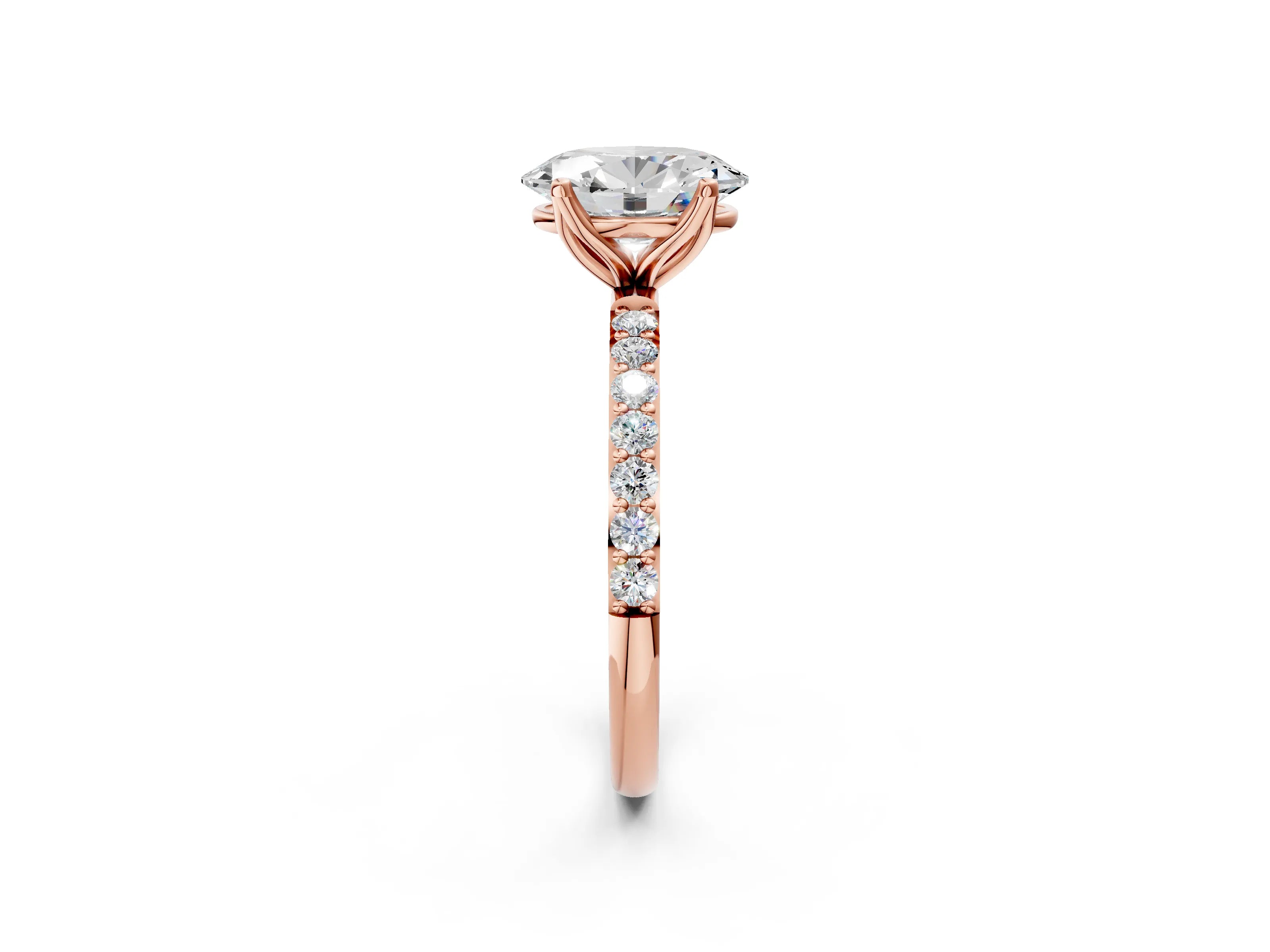 Rose gold Oval Cut Diamond Solitaire Engagement Ring with Round with Moissanite side stone Pavé Band and Prong Setting_2