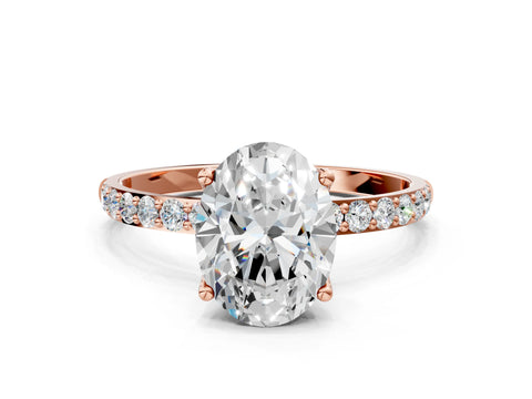 Rose gold Oval Cut Diamond Solitaire Engagement Ring with Round with Moissanite side stone Pavé Band and Prong Setting