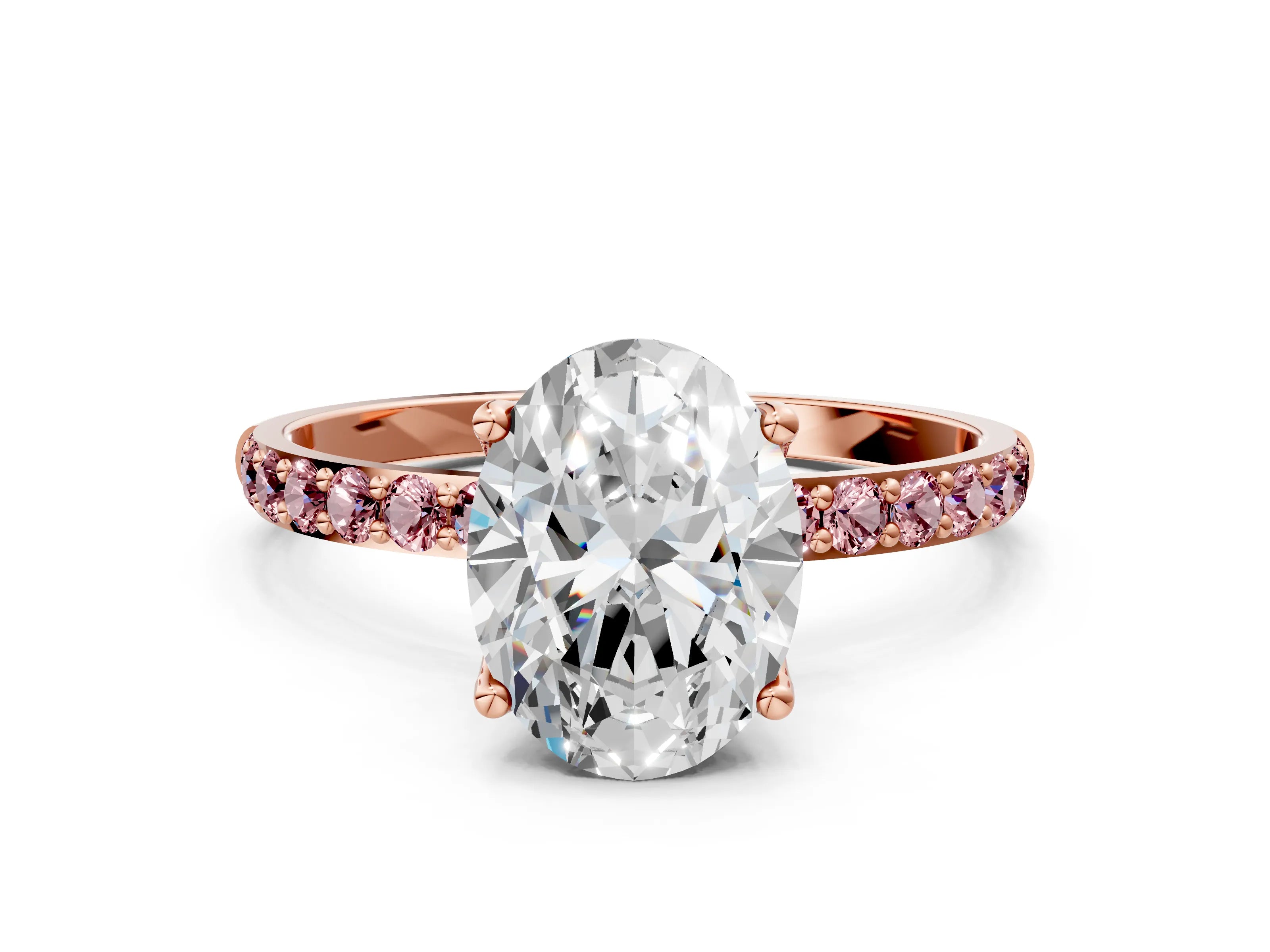 Rose gold Oval Cut Diamond Solitaire Engagement Ring with Round with Morganite side stone Pavé Band and Prong Setting
