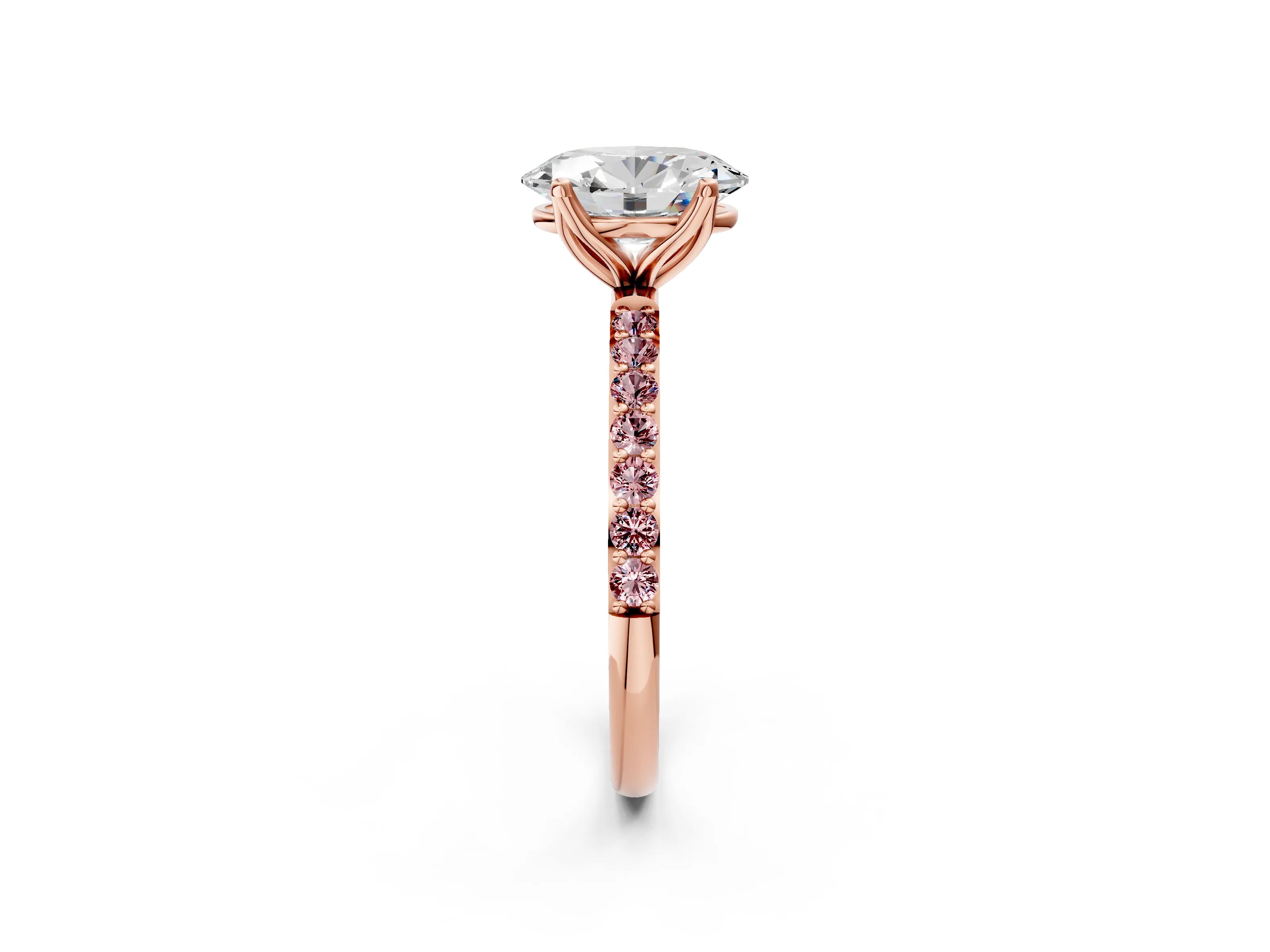 Rose gold Oval Cut Diamond Solitaire Engagement Ring with Round with Morganite side stone Pavé Band and Prong Setting_2