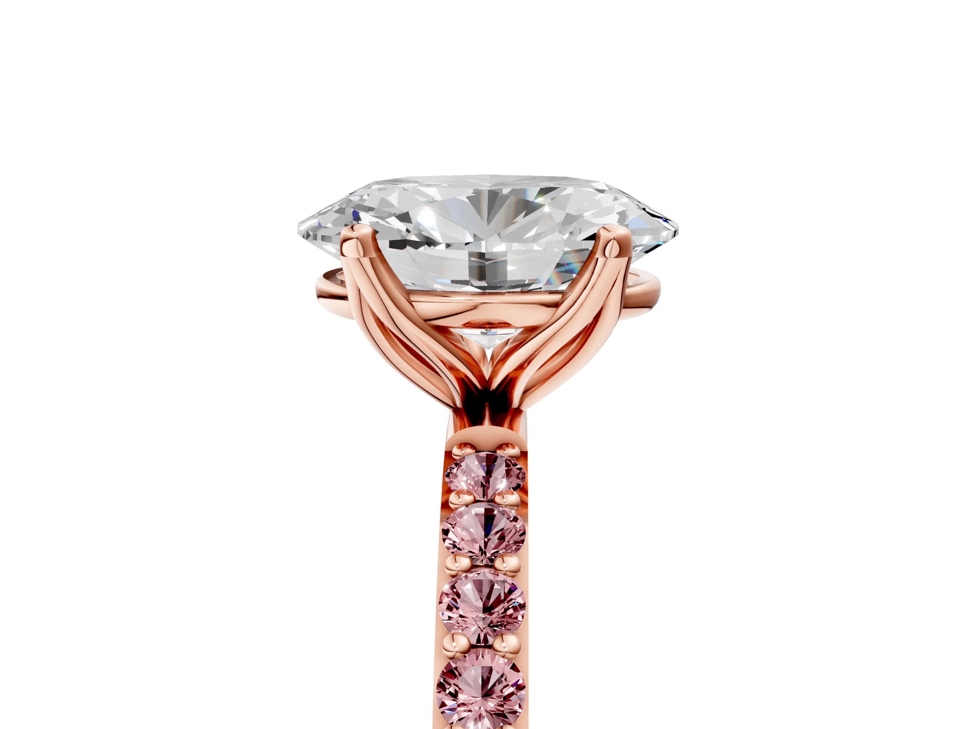 Rose gold Oval Cut Diamond Solitaire Engagement Ring with Round with Morganite side stone Pavé Band and Prong Setting_5