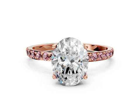 Rose gold Oval Cut Diamond Solitaire Engagement Ring with Round with Morganite side stone Pavé Band and Prong Setting