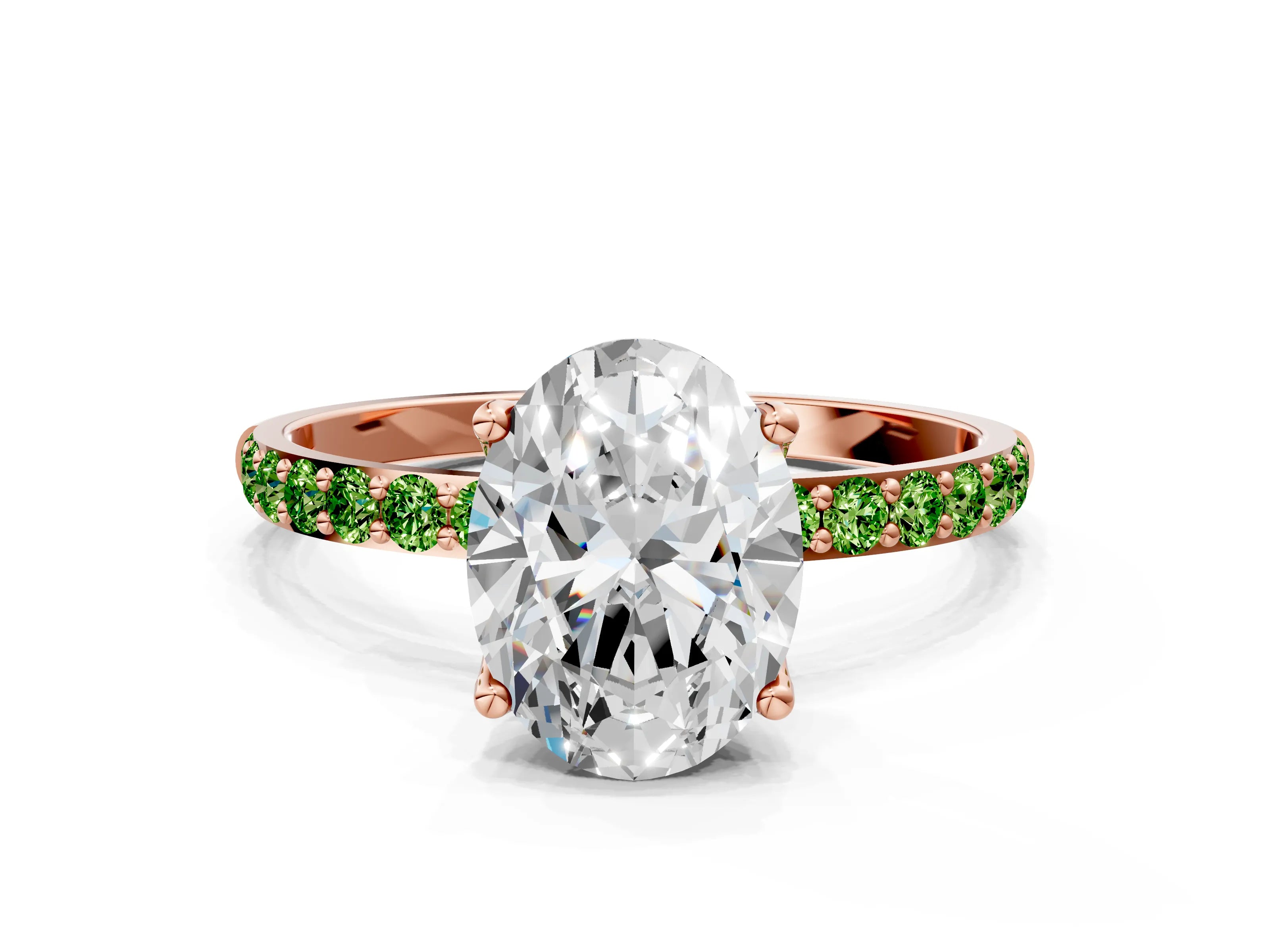 Rose gold Oval Cut Diamond Solitaire Engagement Ring with Round with Peridot side stone Pavé Band and Prong Setting