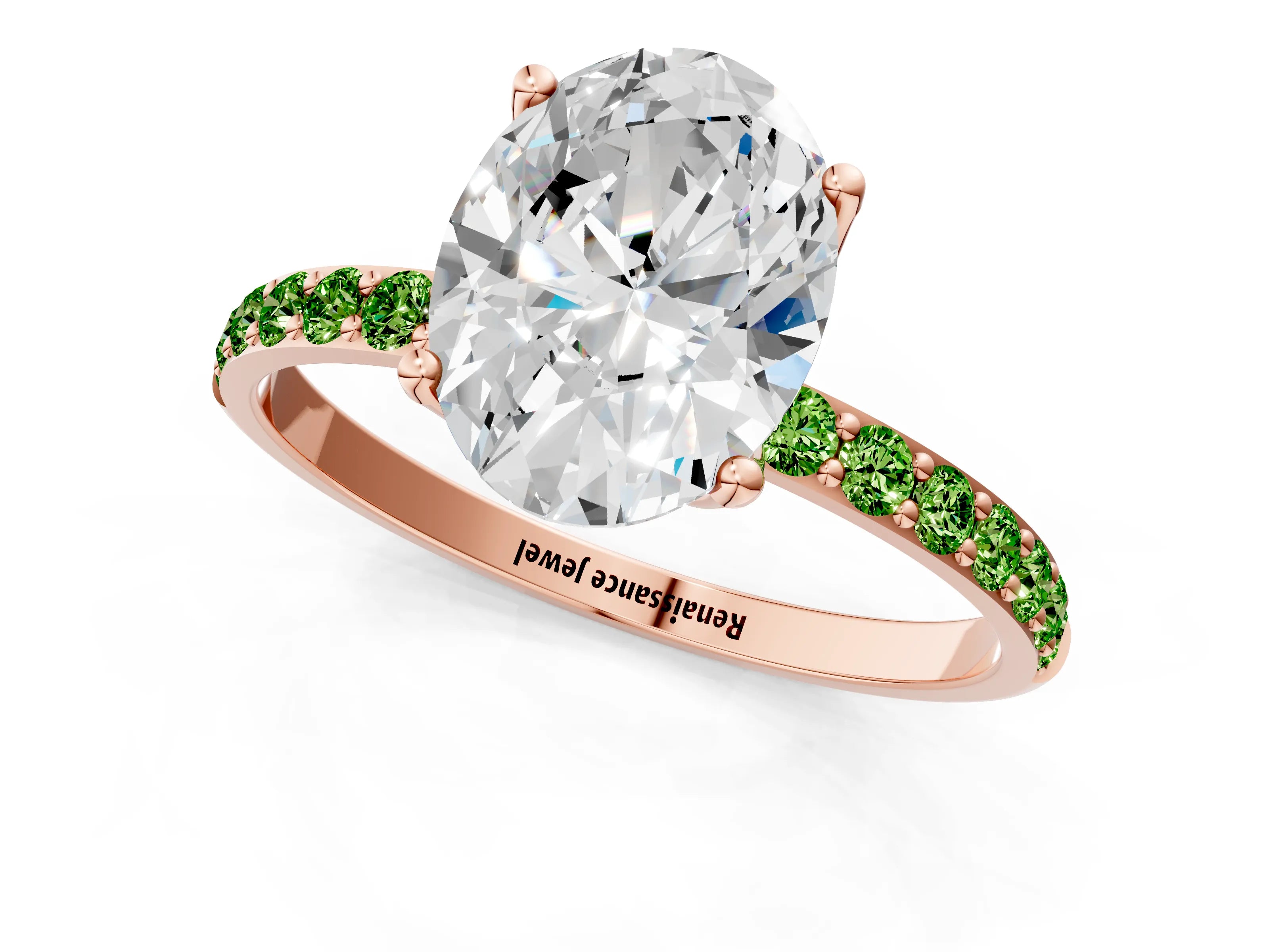 Rose gold Oval Cut Diamond Solitaire Engagement Ring with Round with Peridot side stone Pavé Band and Prong Setting_1
