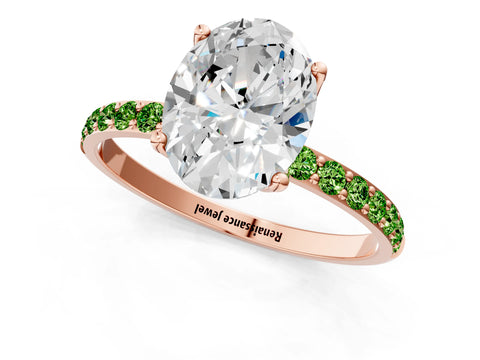 Rose gold Oval Cut Diamond Solitaire Engagement Ring with Round with Peridot side stone Pavé Band and Prong Setting_1