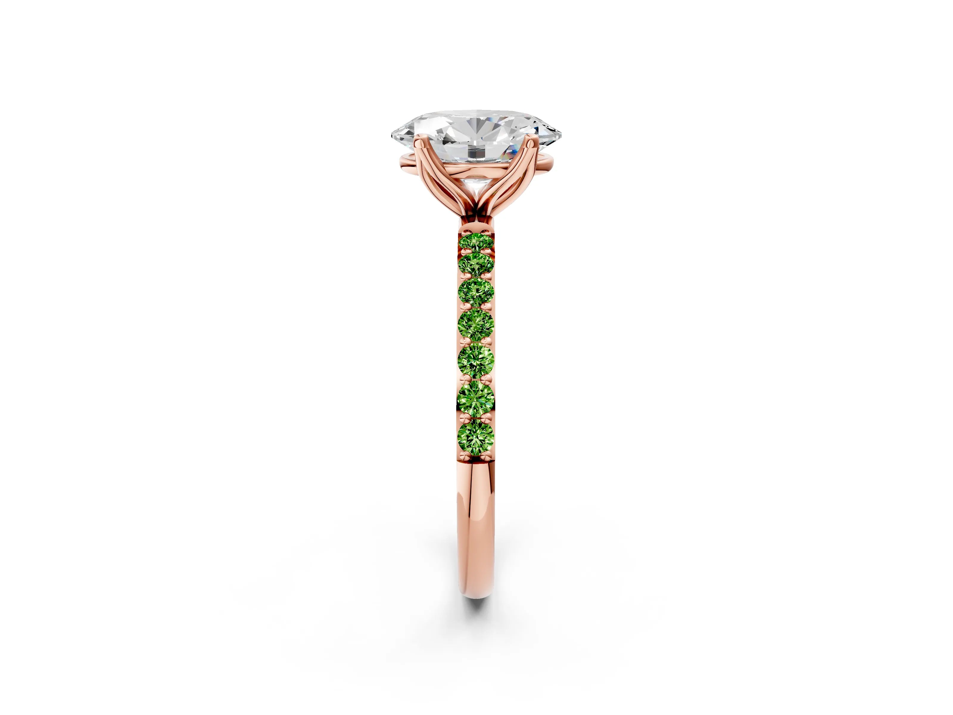 Rose gold Oval Cut Diamond Solitaire Engagement Ring with Round with Peridot side stone Pavé Band and Prong Setting_2