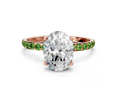 Rose gold Oval Cut Diamond Solitaire Engagement Ring with Round with Peridot side stone Pavé Band and Prong Setting