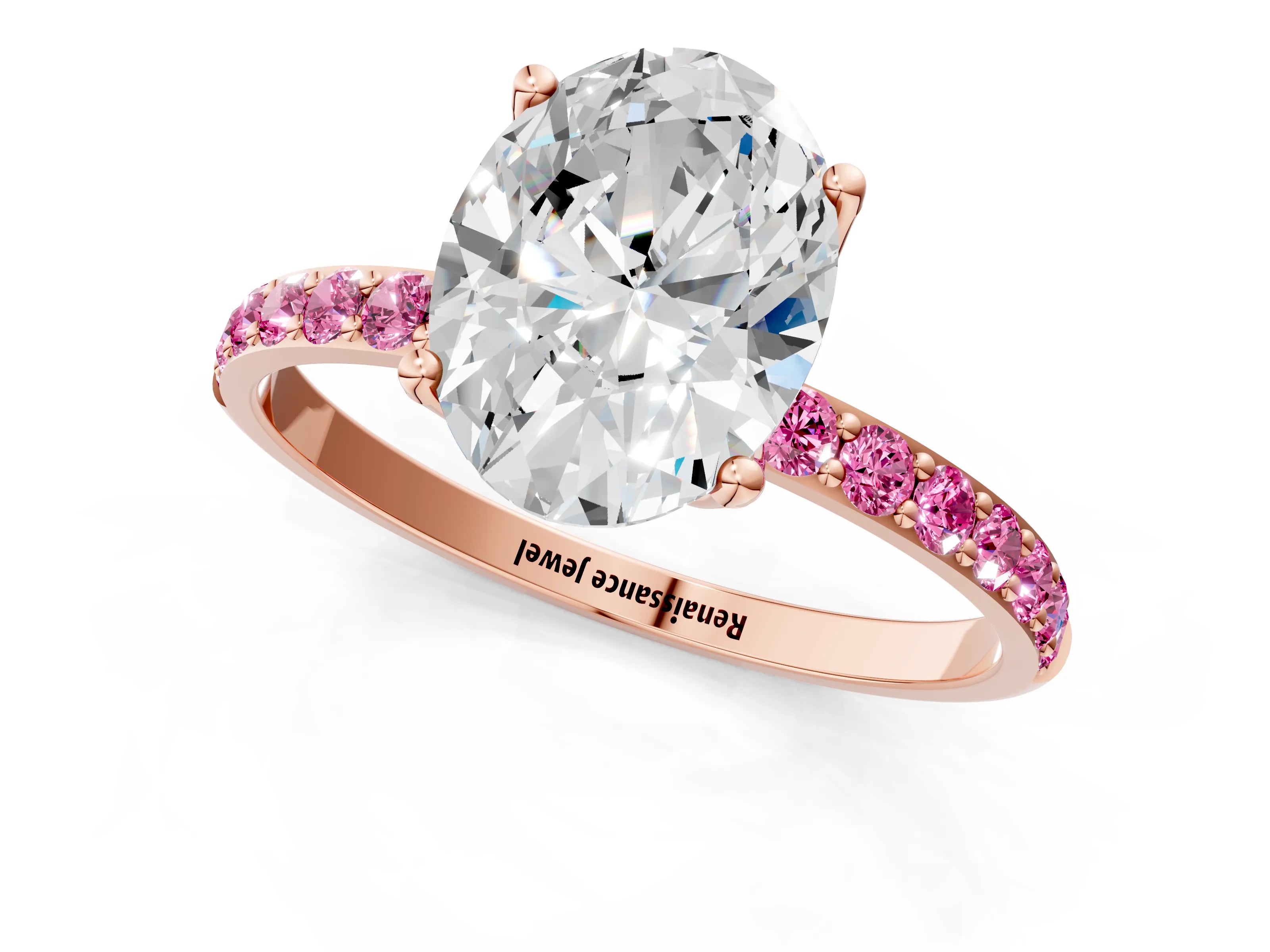 Rose gold Oval Cut Diamond Solitaire Engagement Ring with Round with Pink Sapphire side stone Pavé Band and Prong Setting_1