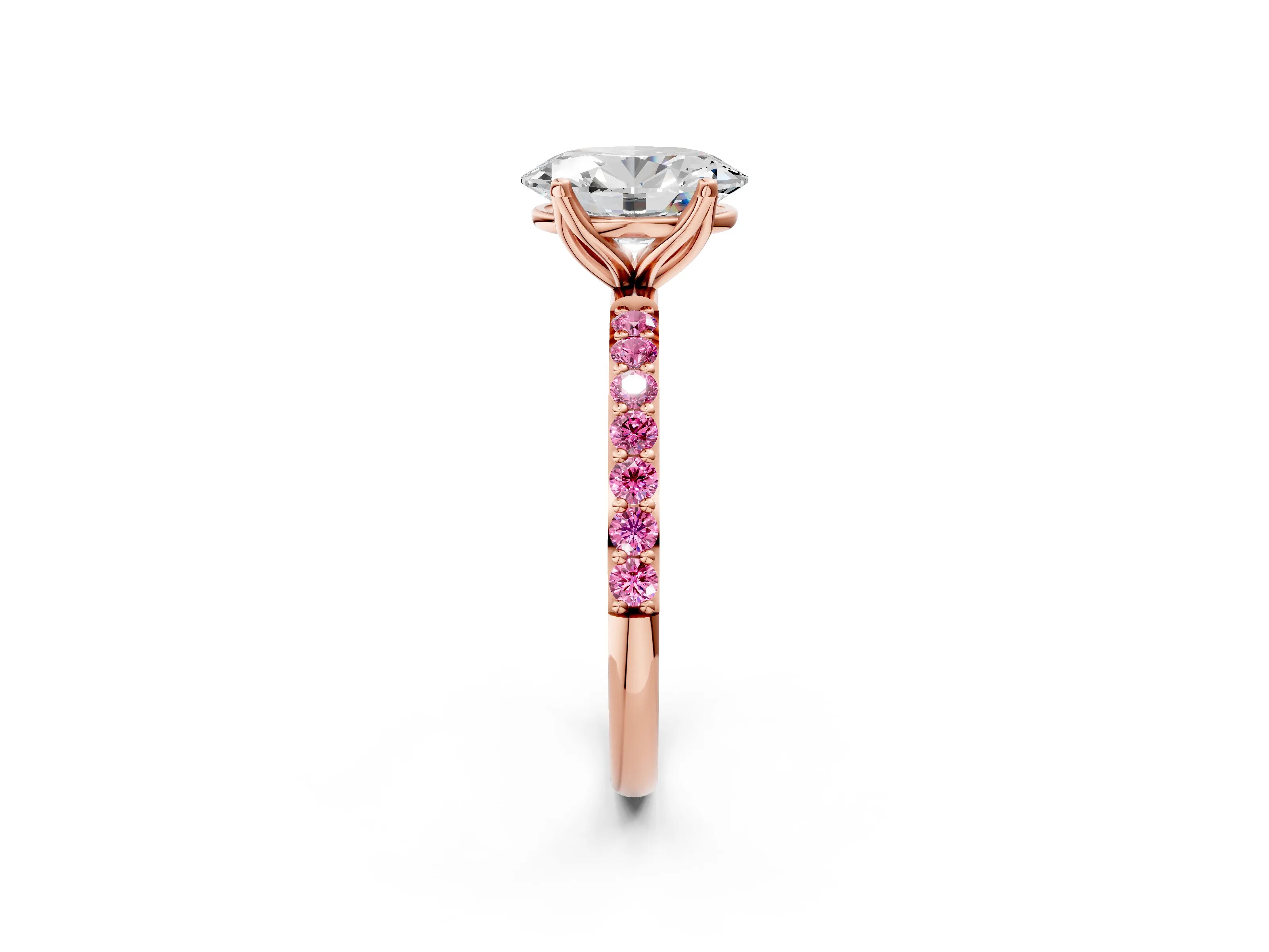 Rose gold Oval Cut Diamond Solitaire Engagement Ring with Round with Pink Sapphire side stone Pavé Band and Prong Setting_2