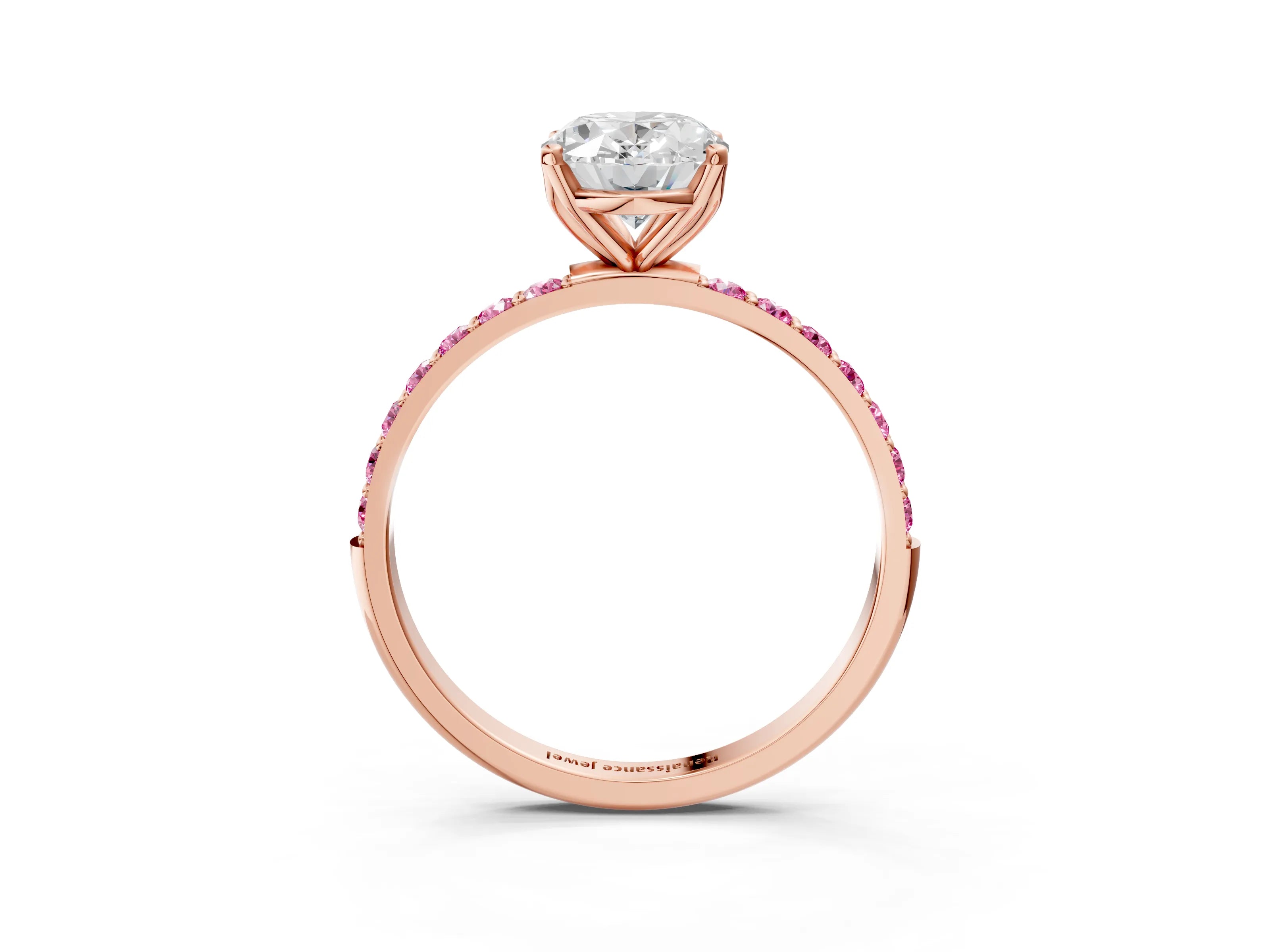 Rose gold Oval Cut Diamond Solitaire Engagement Ring with Round with Pink Sapphire side stone Pavé Band and Prong Setting_3