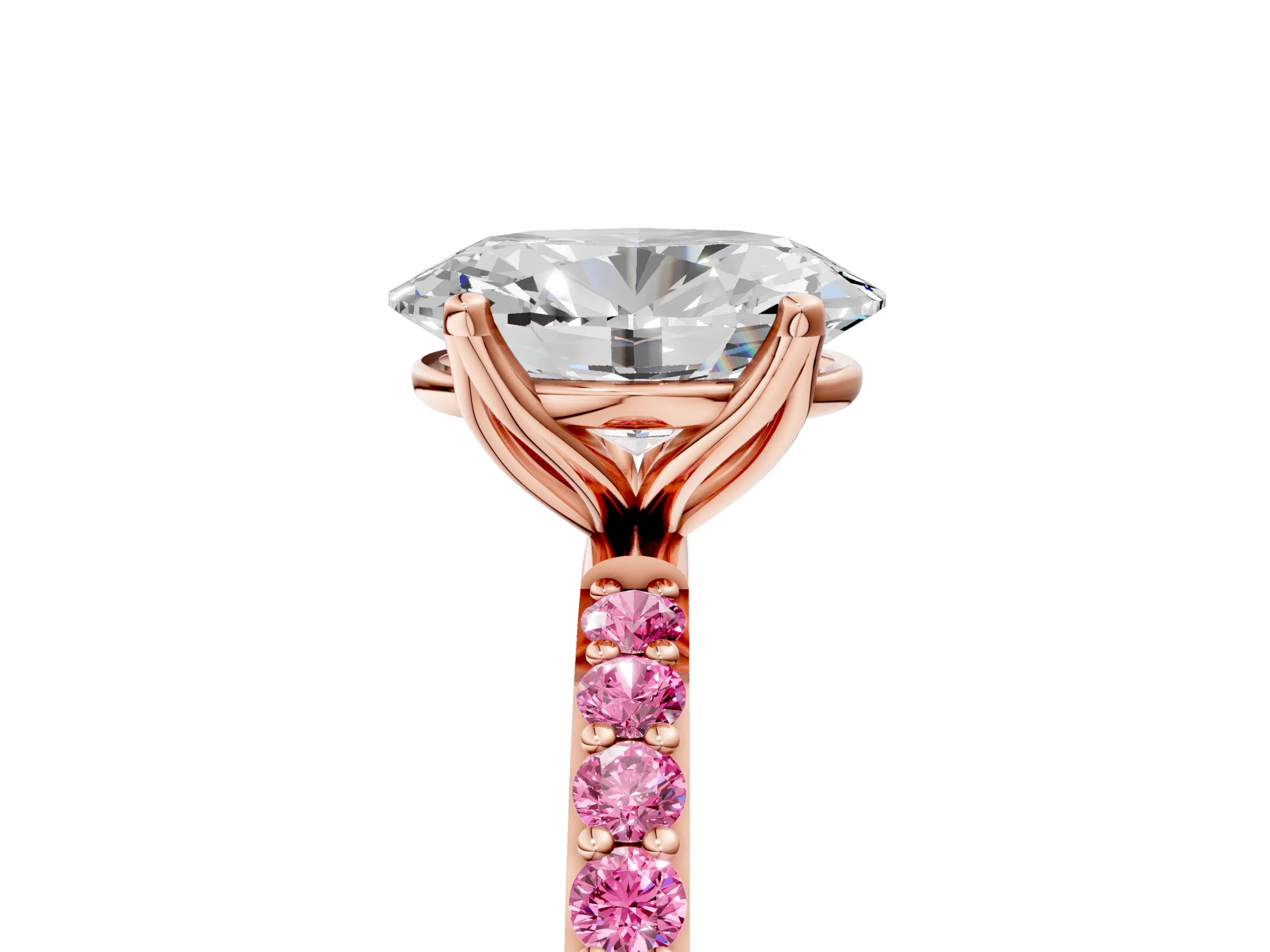 Rose gold Oval Cut Diamond Solitaire Engagement Ring with Round with Pink Sapphire side stone Pavé Band and Prong Setting_5