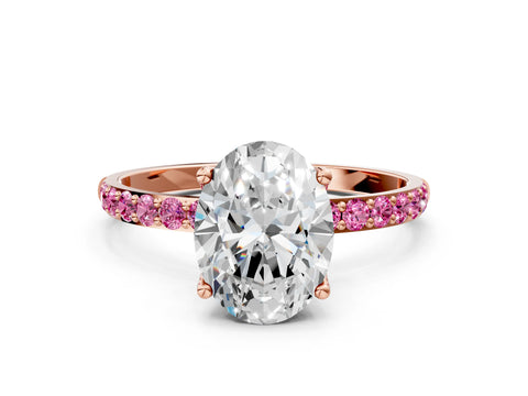 Rose gold Oval Cut Diamond Solitaire Engagement Ring with Round with Pink Sapphire side stone Pavé Band and Prong Setting