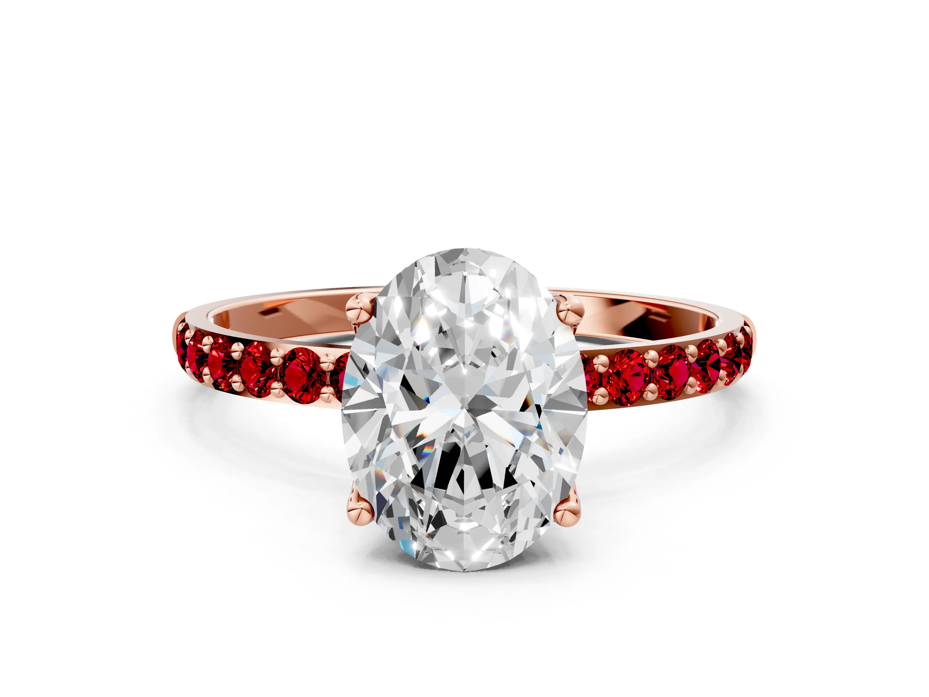 Rose gold Oval Cut Diamond Solitaire Engagement Ring with Round with Ruby side stone Pavé Band and Prong Setting