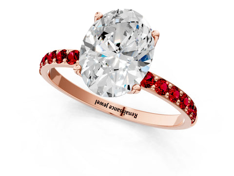 Rose gold Oval Cut Diamond Solitaire Engagement Ring with Round with Ruby side stone Pavé Band and Prong Setting_1