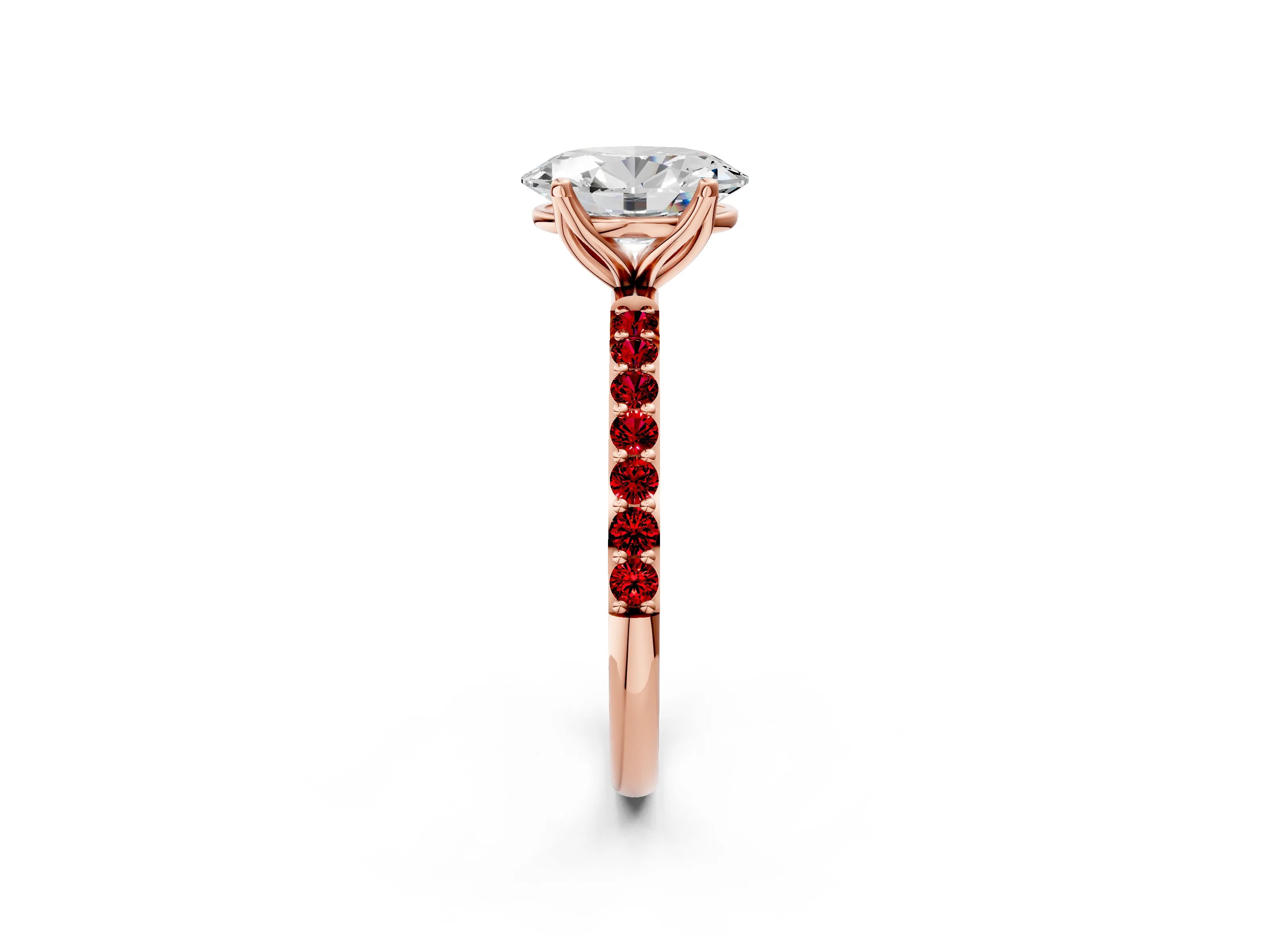 Rose gold Oval Cut Diamond Solitaire Engagement Ring with Round with Ruby side stone Pavé Band and Prong Setting_2