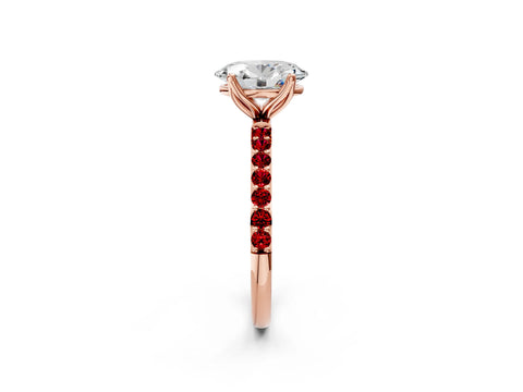 Rose gold Oval Cut Diamond Solitaire Engagement Ring with Round with Ruby side stone Pavé Band and Prong Setting_2