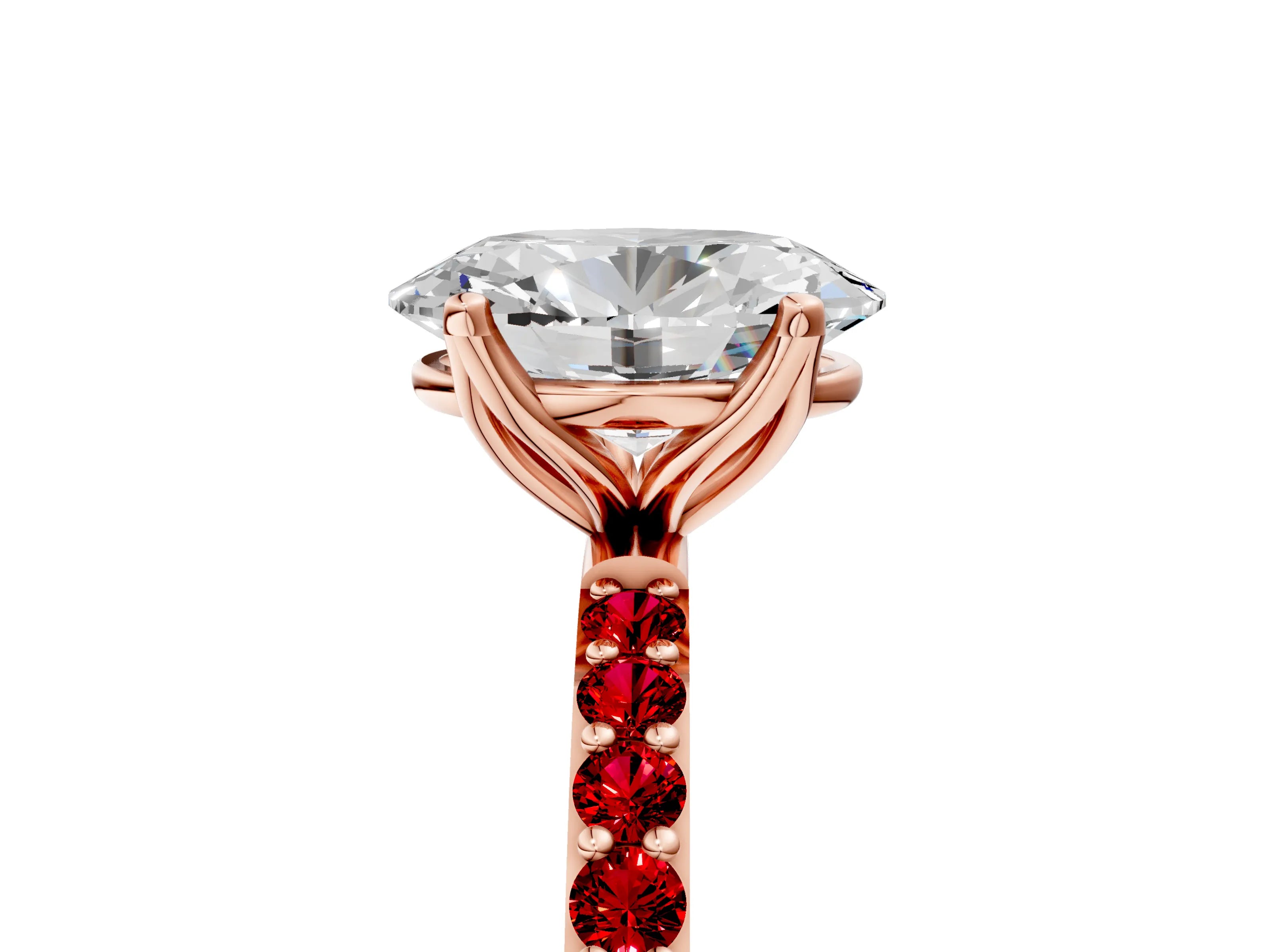 Rose gold Oval Cut Diamond Solitaire Engagement Ring with Round with Ruby side stone Pavé Band and Prong Setting_5