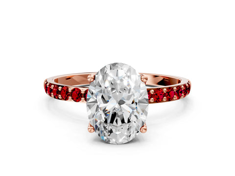 Rose gold Oval Cut Diamond Solitaire Engagement Ring with Round with Ruby side stone Pavé Band and Prong Setting