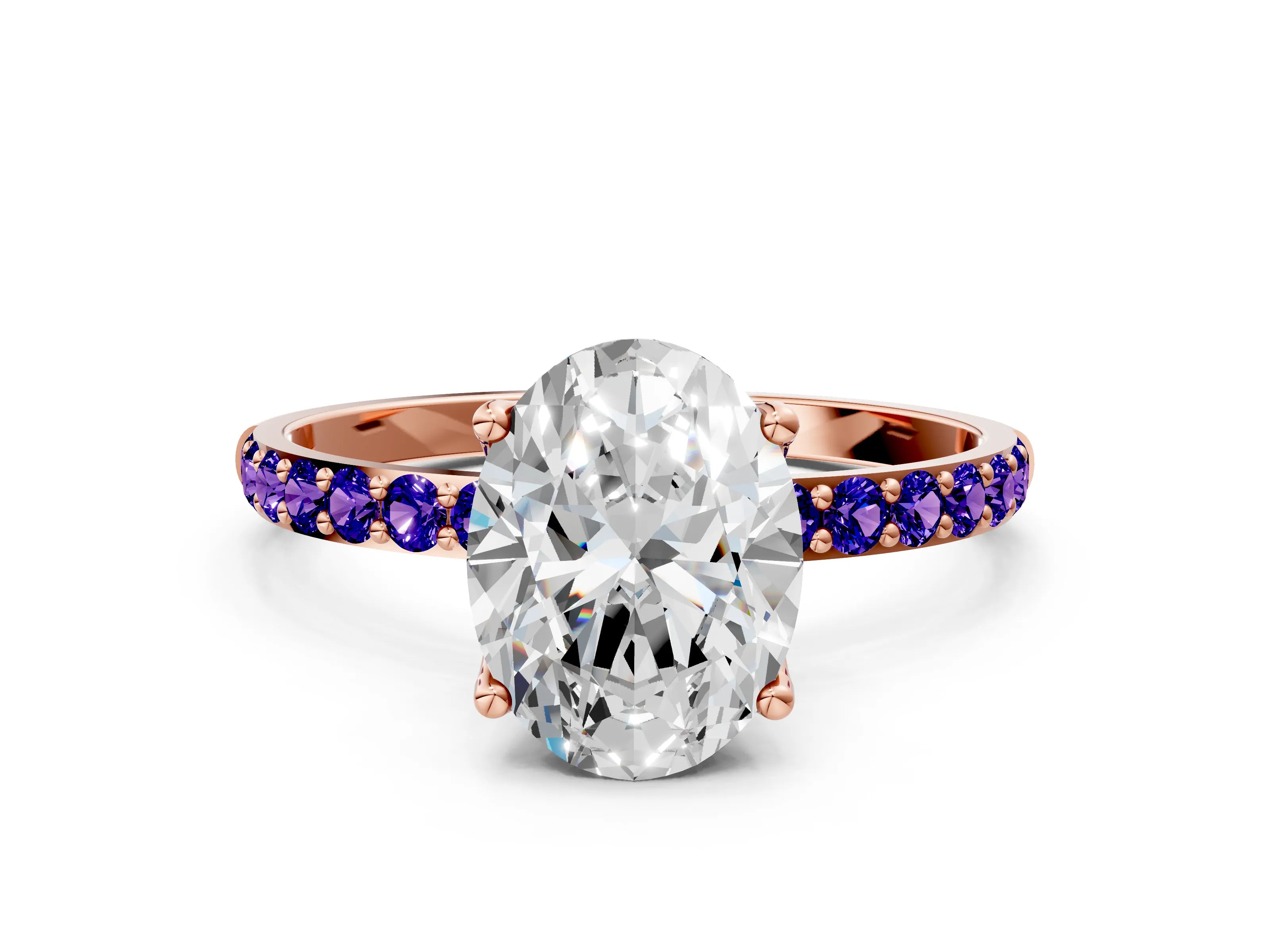 Rose gold Oval Cut Diamond Solitaire Engagement Ring with Round with Tanzanite side stone Pavé Band and Prong Setting
