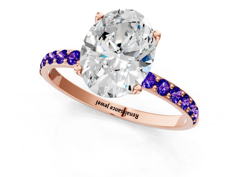 Rose gold Oval Cut Diamond Solitaire Engagement Ring with Round with Tanzanite side stone Pavé Band and Prong Setting_1