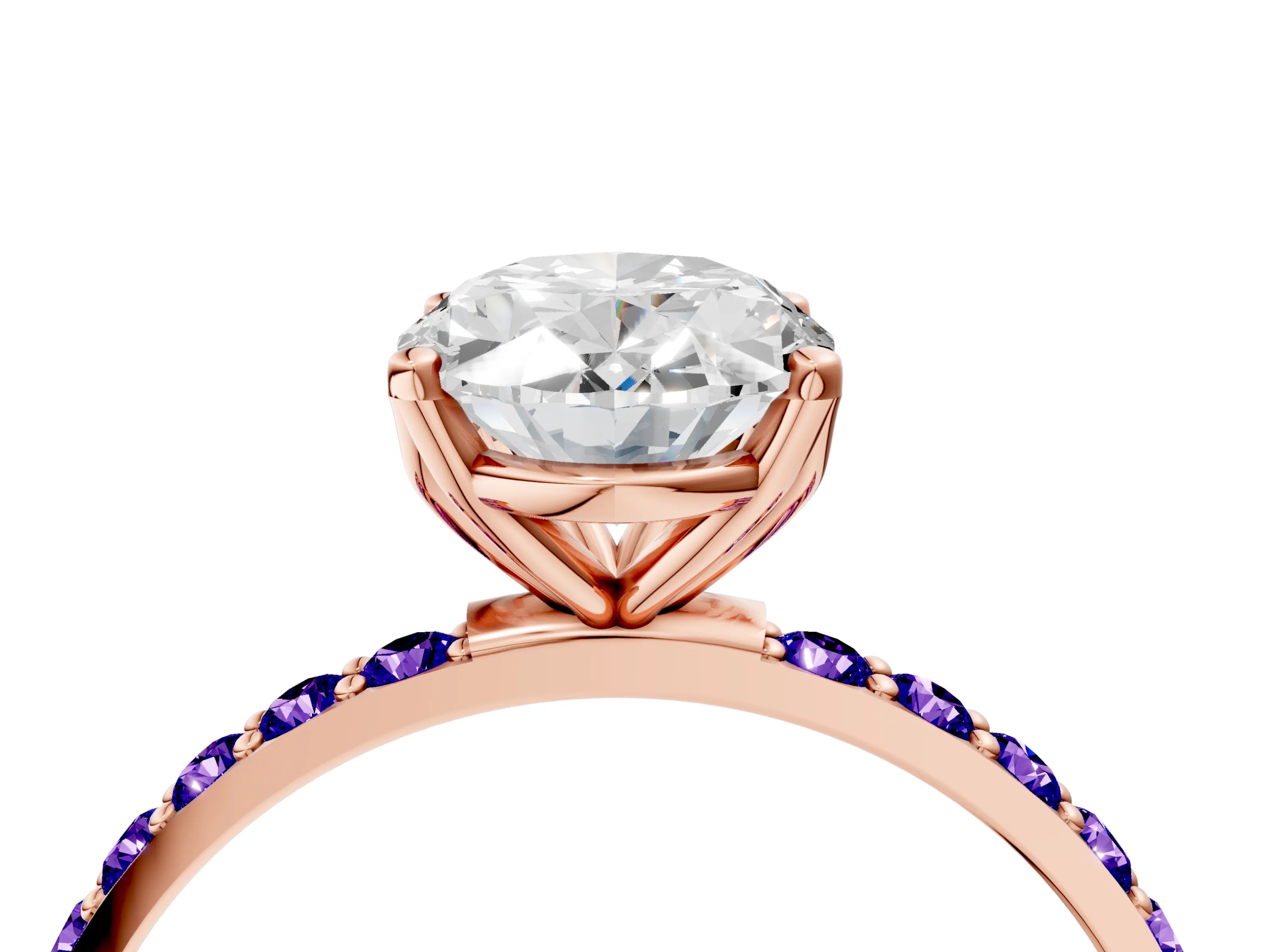 Rose gold Oval Cut Diamond Solitaire Engagement Ring with Round with Tanzanite side stone Pavé Band and Prong Setting_4
