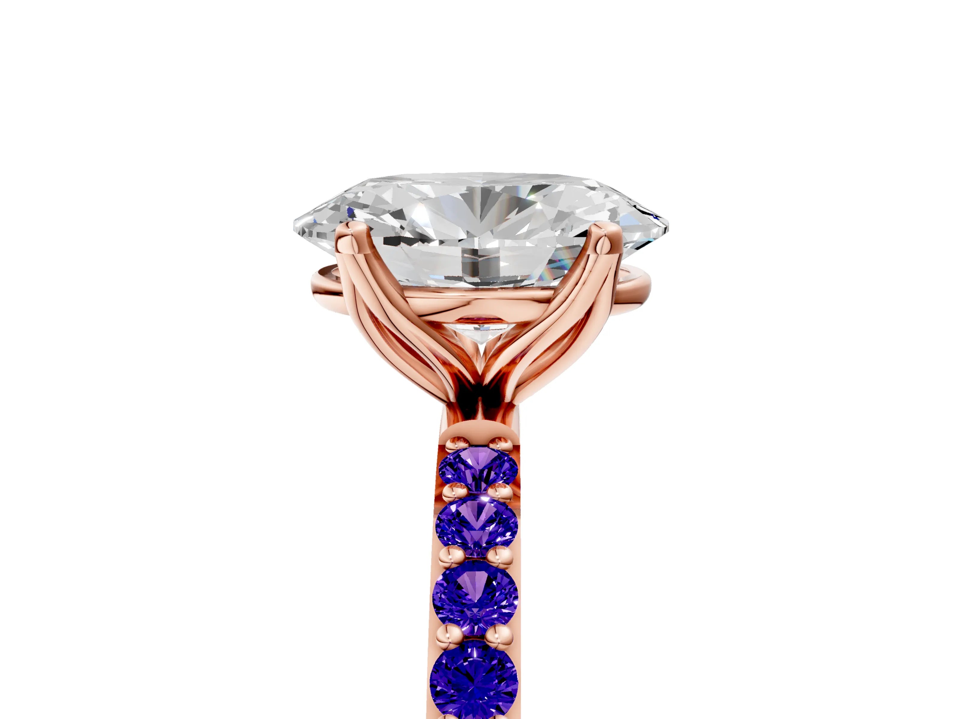 Rose gold Oval Cut Diamond Solitaire Engagement Ring with Round with Tanzanite side stone Pavé Band and Prong Setting_5